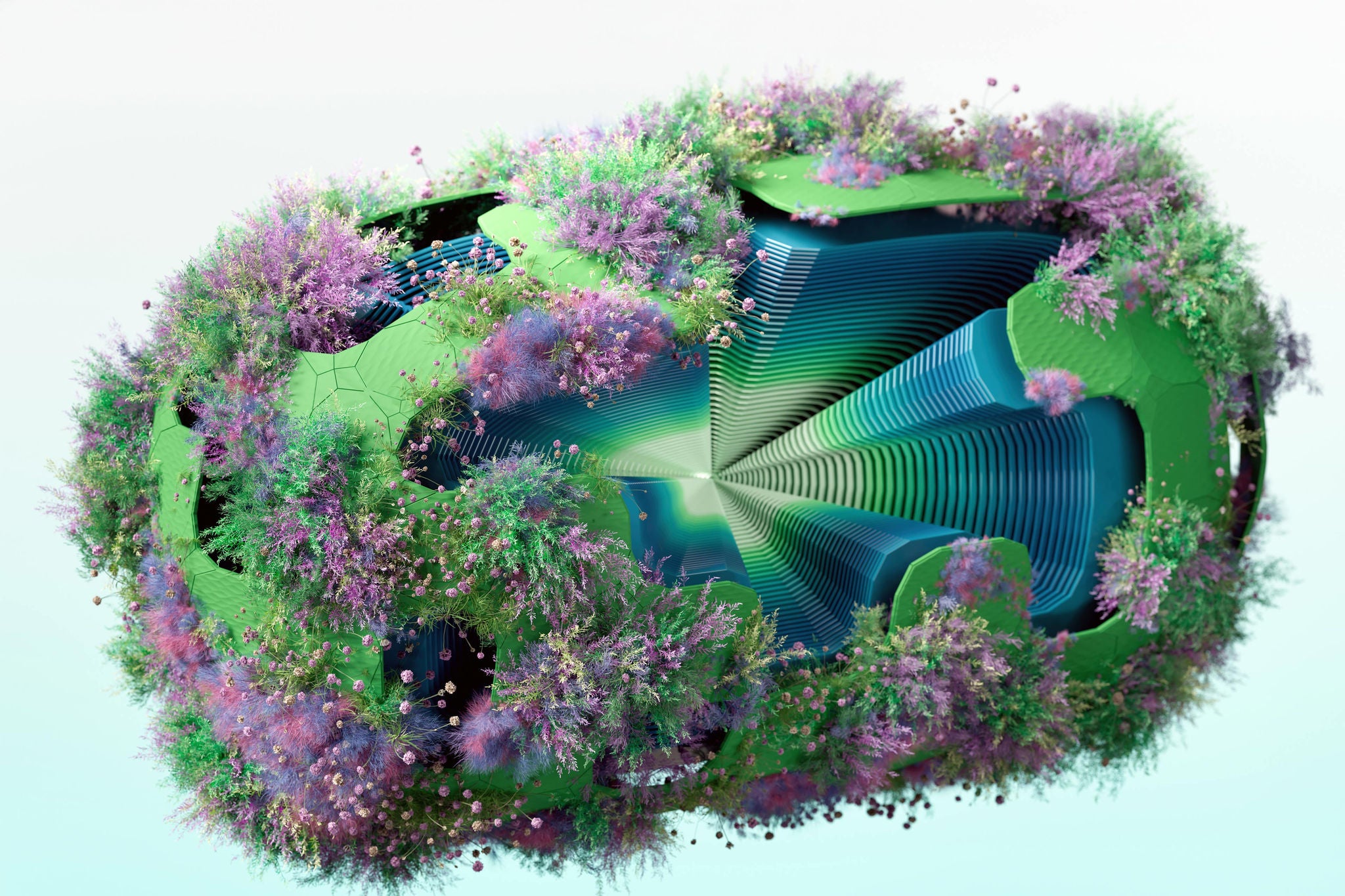 Abstract futuristische structuur die organische en synthetische elementen combineert, symbool voor AI en algoritmen