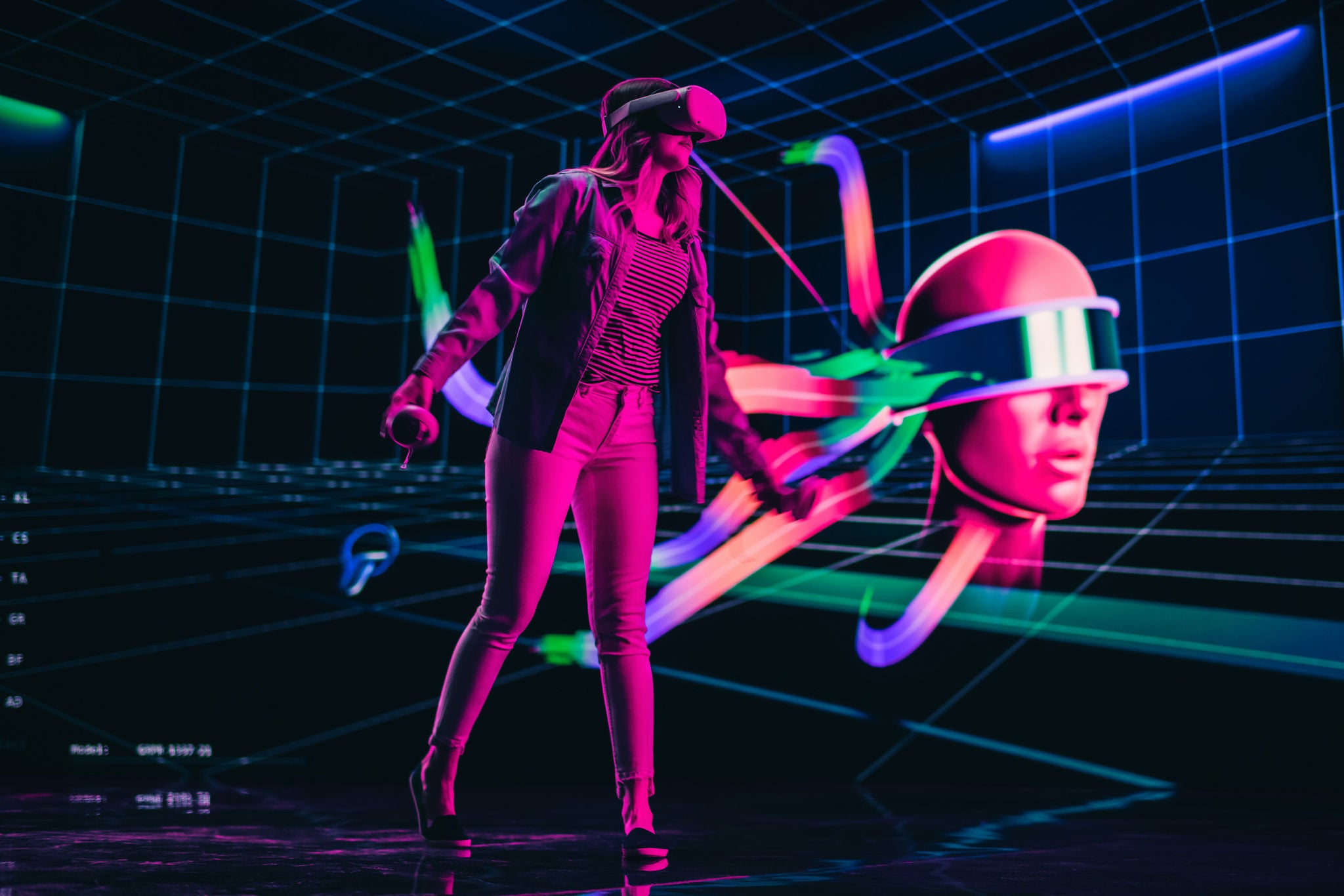 personne casque vr espace numerique neon formes abstraites