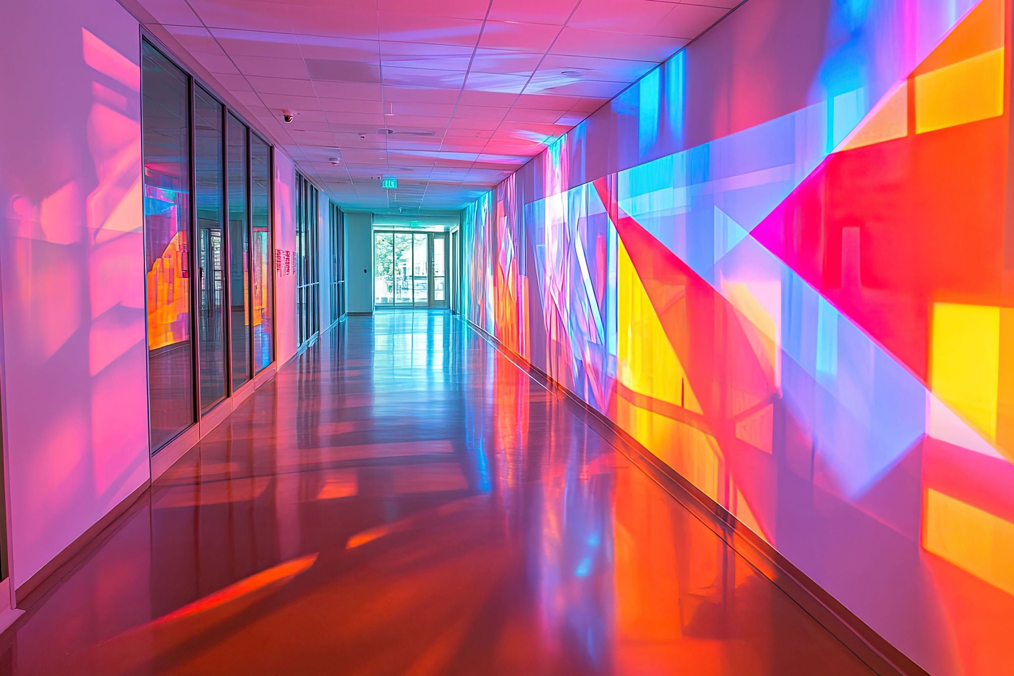 Colorful light patterns along a modern office corridor