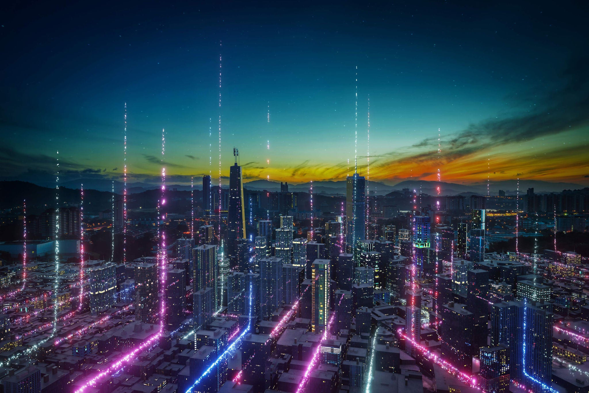 Futuristic city skyline with illuminated digital network connections at dusk