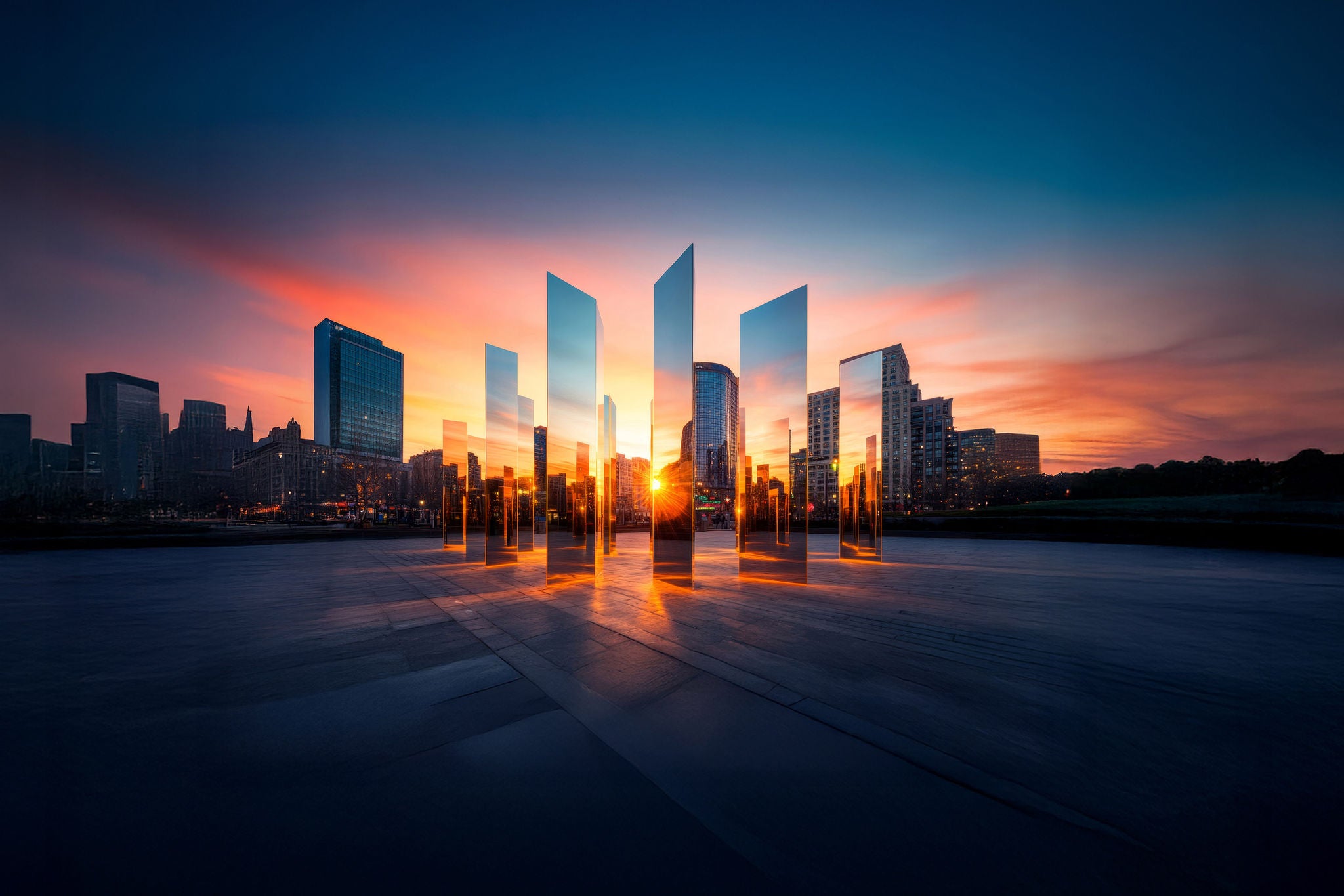 A massive outdoor art installation featuring mirrored structures reflecting the surrounding cityscape 