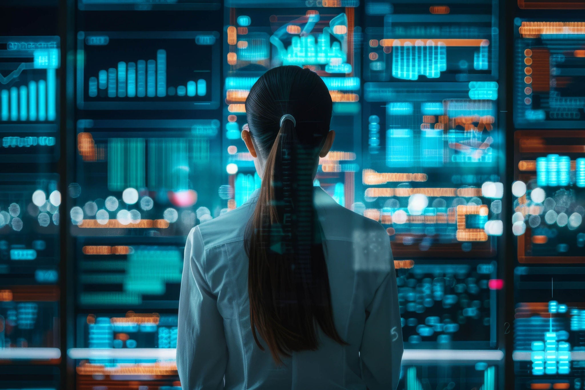 Back angle photograph of an AI programmer debugging algorithms for image processing