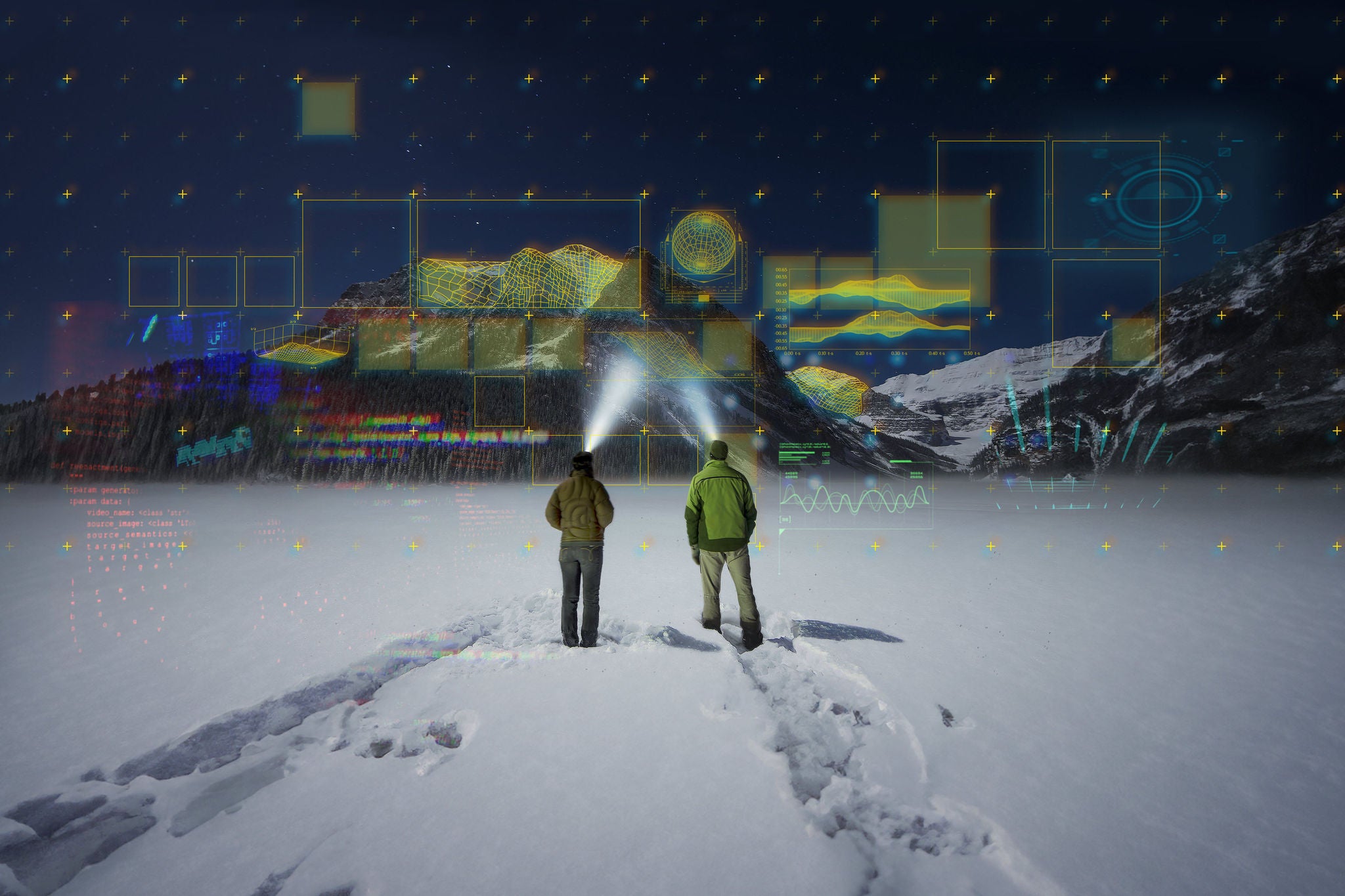 ey-ai-couple-stand-in-snowy-clearing-with-headlamps