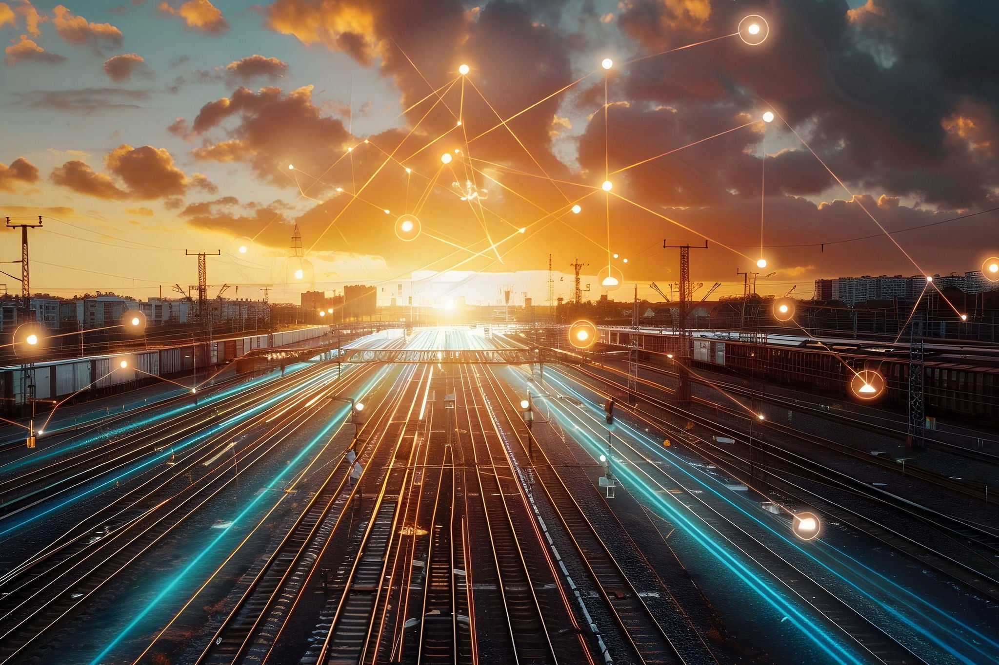View of train tracks from above in sunset