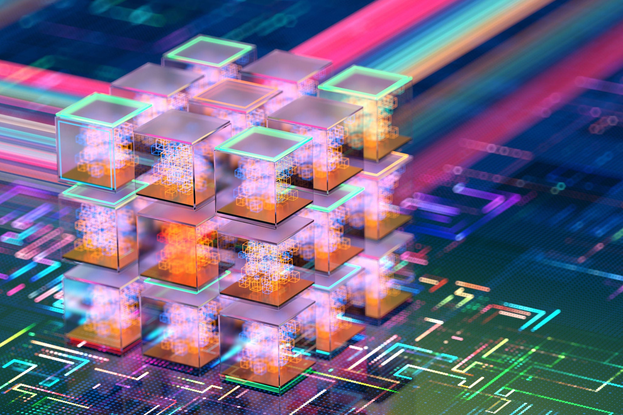 Cubes 3D lumineux sur un circuit, symbolisant un calcul avancé