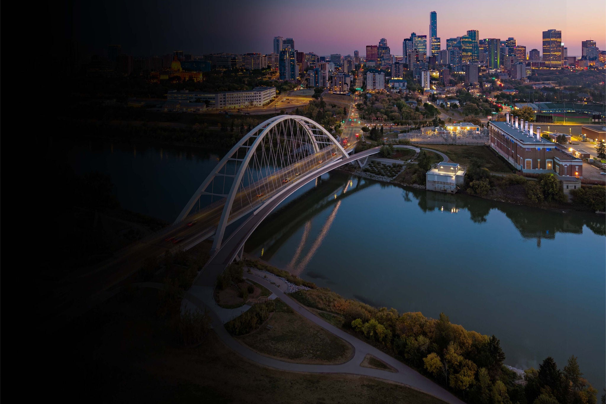 Walterdale Bridge and Edmonton skyline at dusk, Alberta, Canada