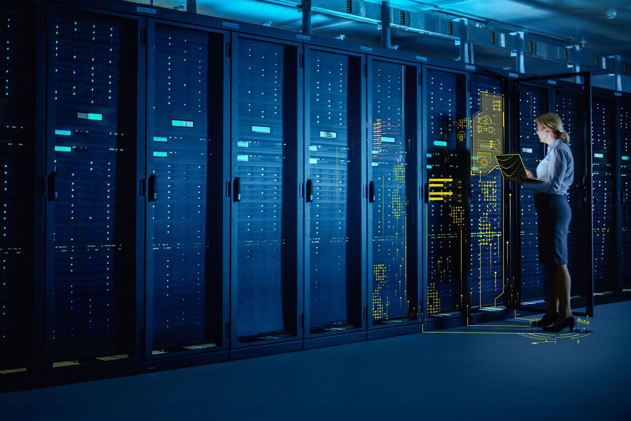 Modern high-tech telecommunications operational data center in neon lights