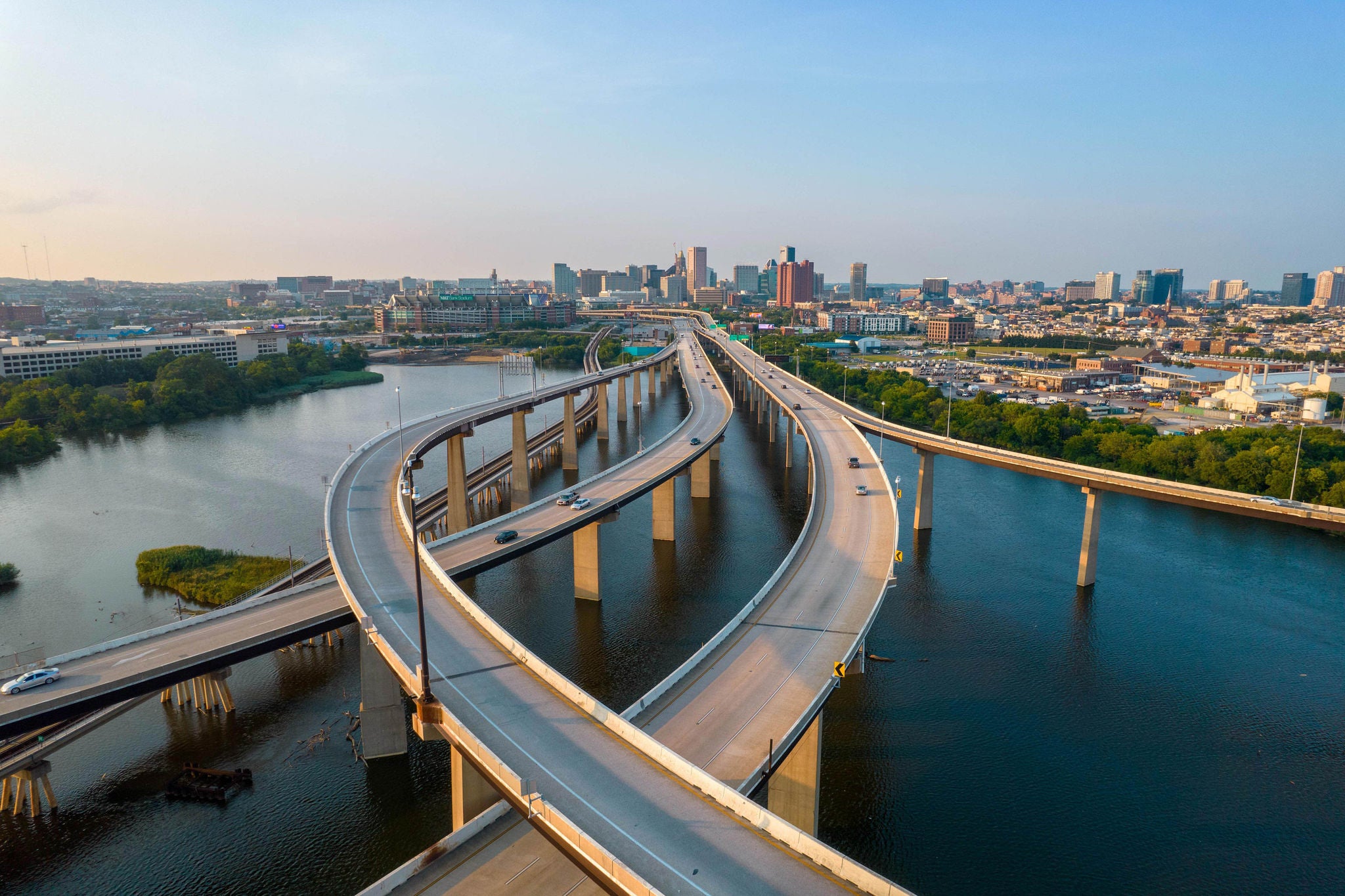Aerial View of Crossing Highways Leading into Baltimore City at Sunset