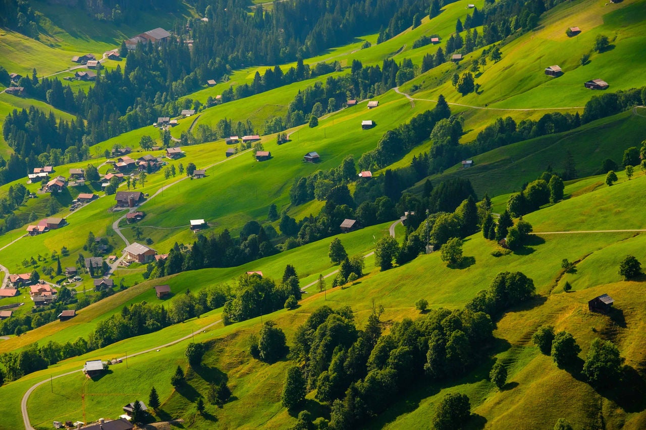 Summer time mountain nature panoramic landscape near Habkern, Switzerland