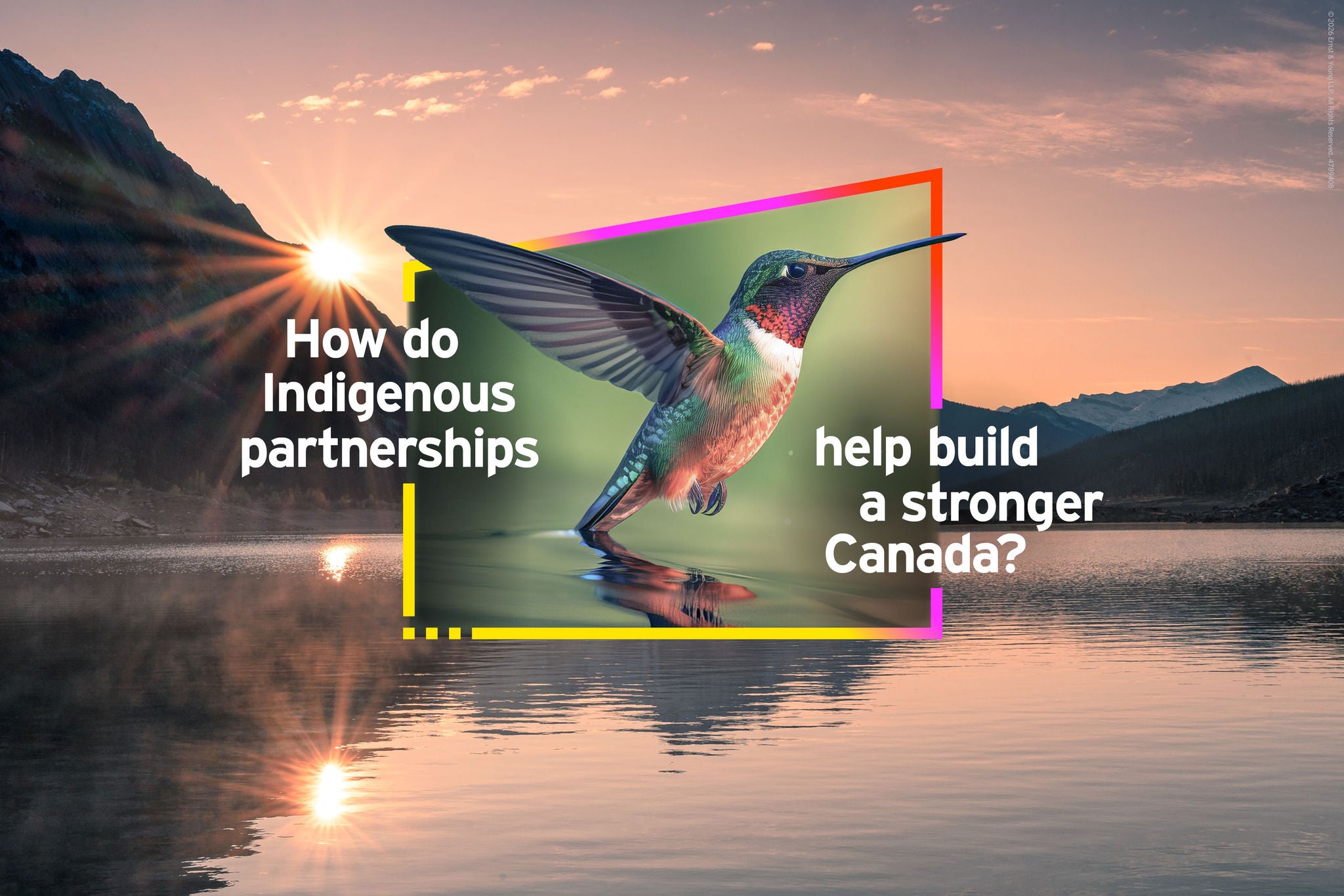 Hummingbird over a sunset lake with mountains