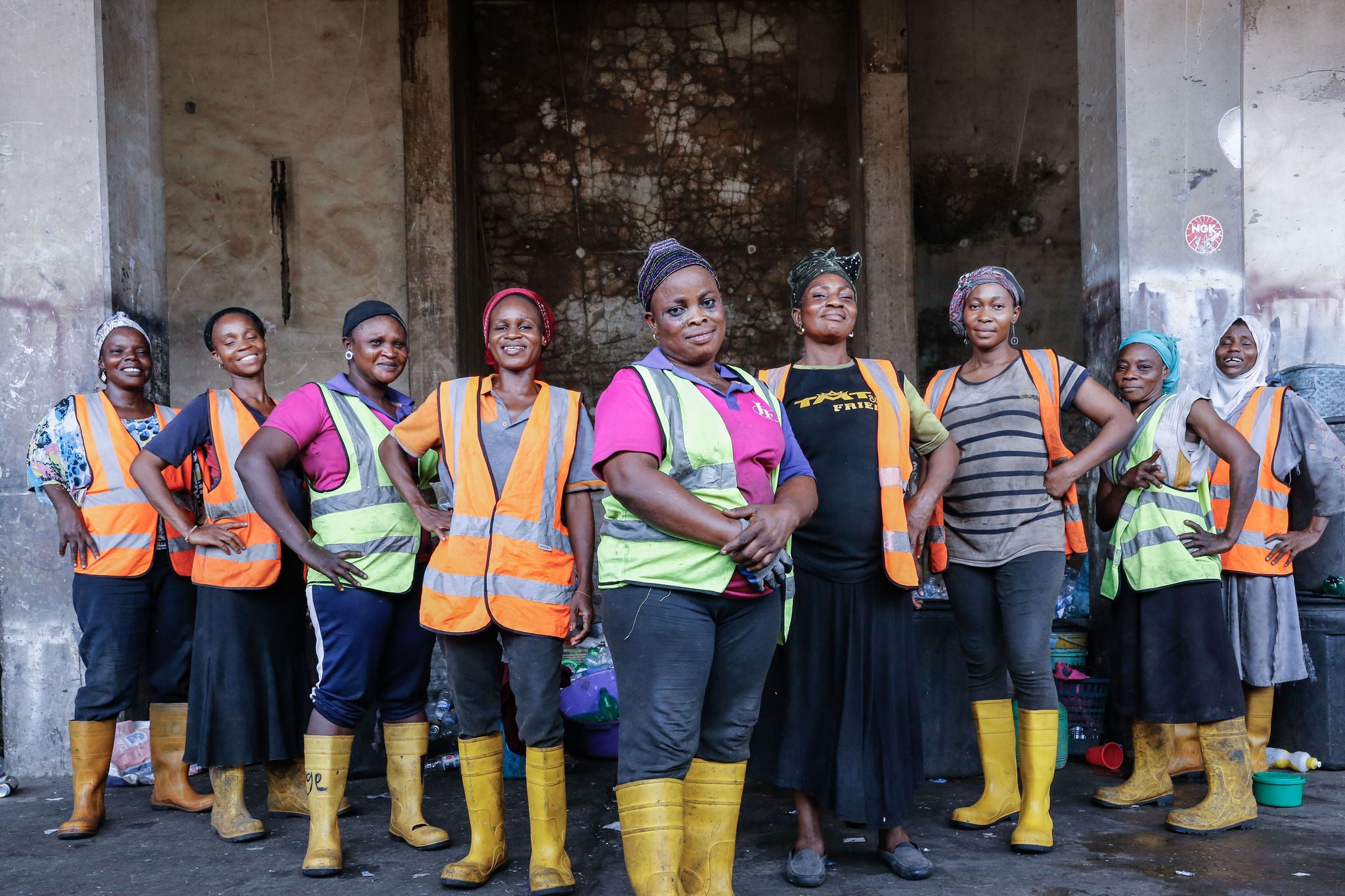 An all-female team of sorters pose for a photograph at the recycling hub in Ebute Metta, Lagos, Nigeria on Thursday 14th March 2019.