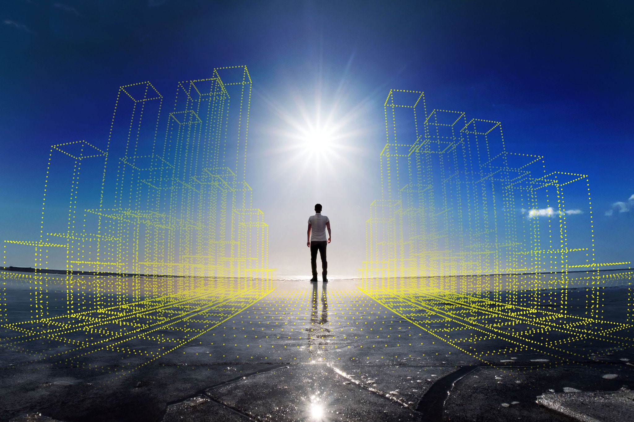 Man standing on frozen lake with sun and flare effects at winter