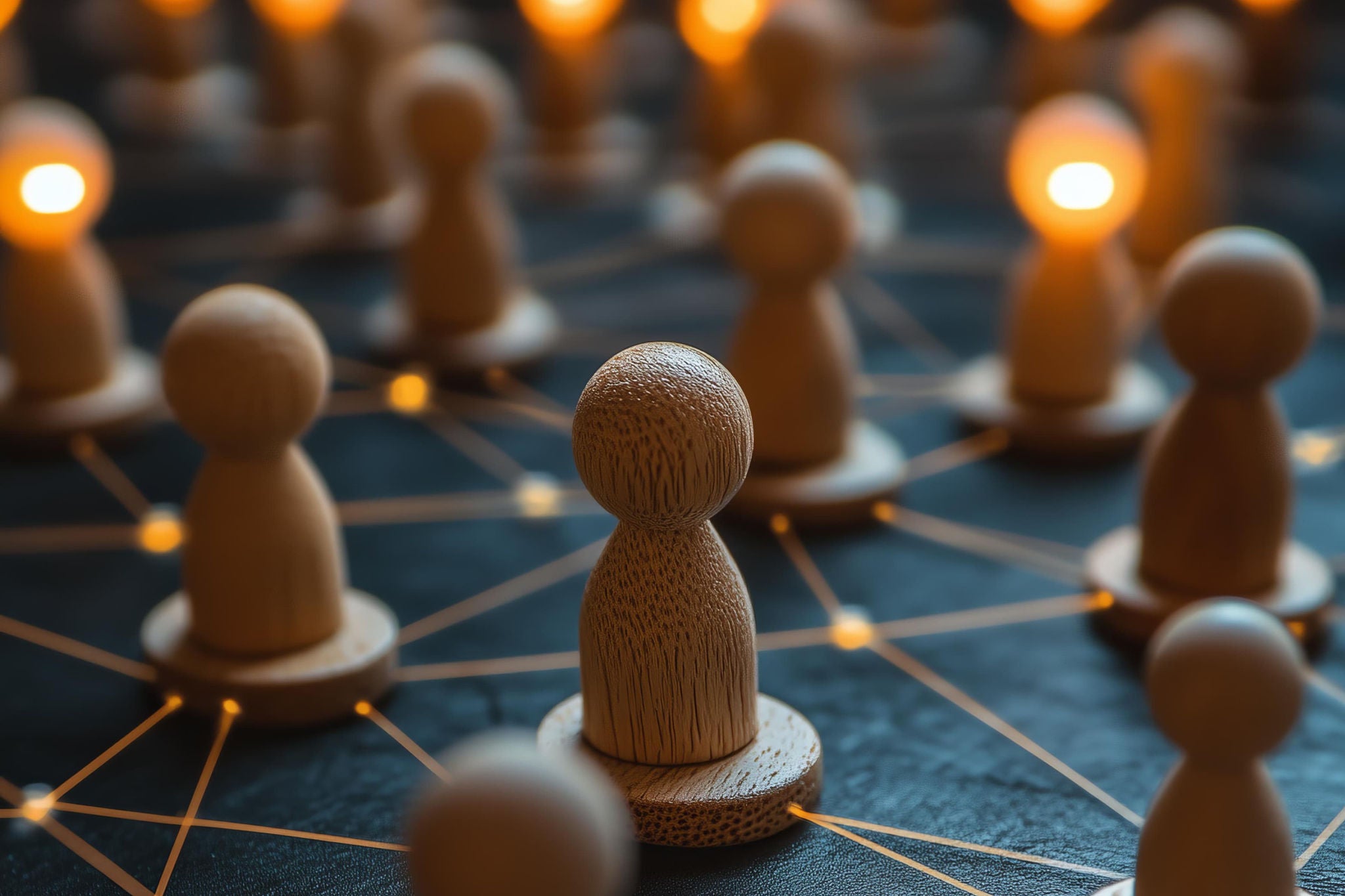 Hölzerne Spielfiguren, verbunden durch ein leuchtendes Netzwerk.