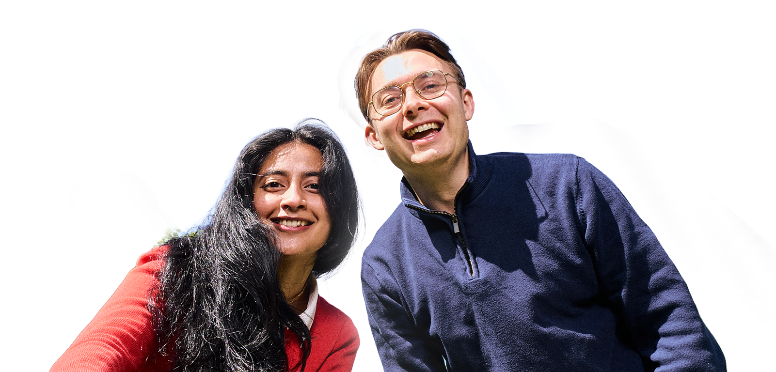Two colleagues positioned against a light background designed for use as a website banner overlay.