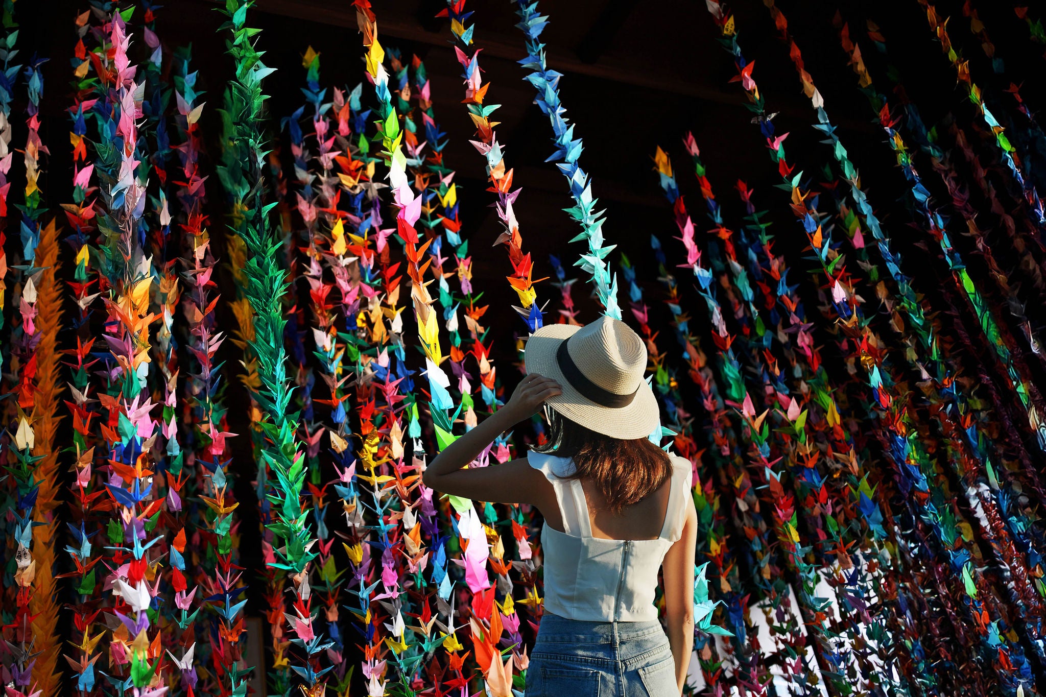 Thousand colorful origami paper cranes in Susanoo Shrine in Minami Senjyu Tokyo, JAPAN