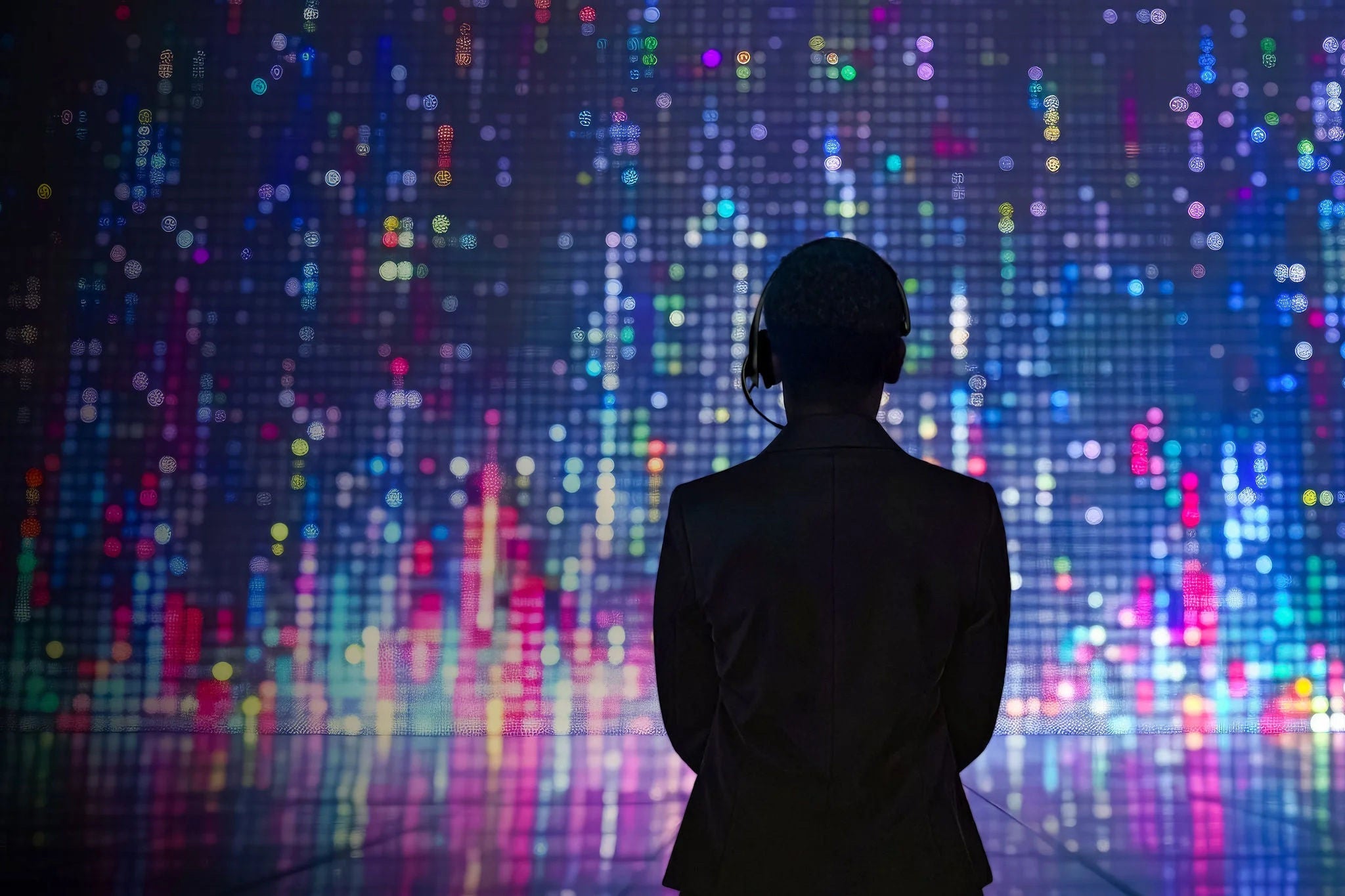 Person standing in front of a large screen with a colorful display