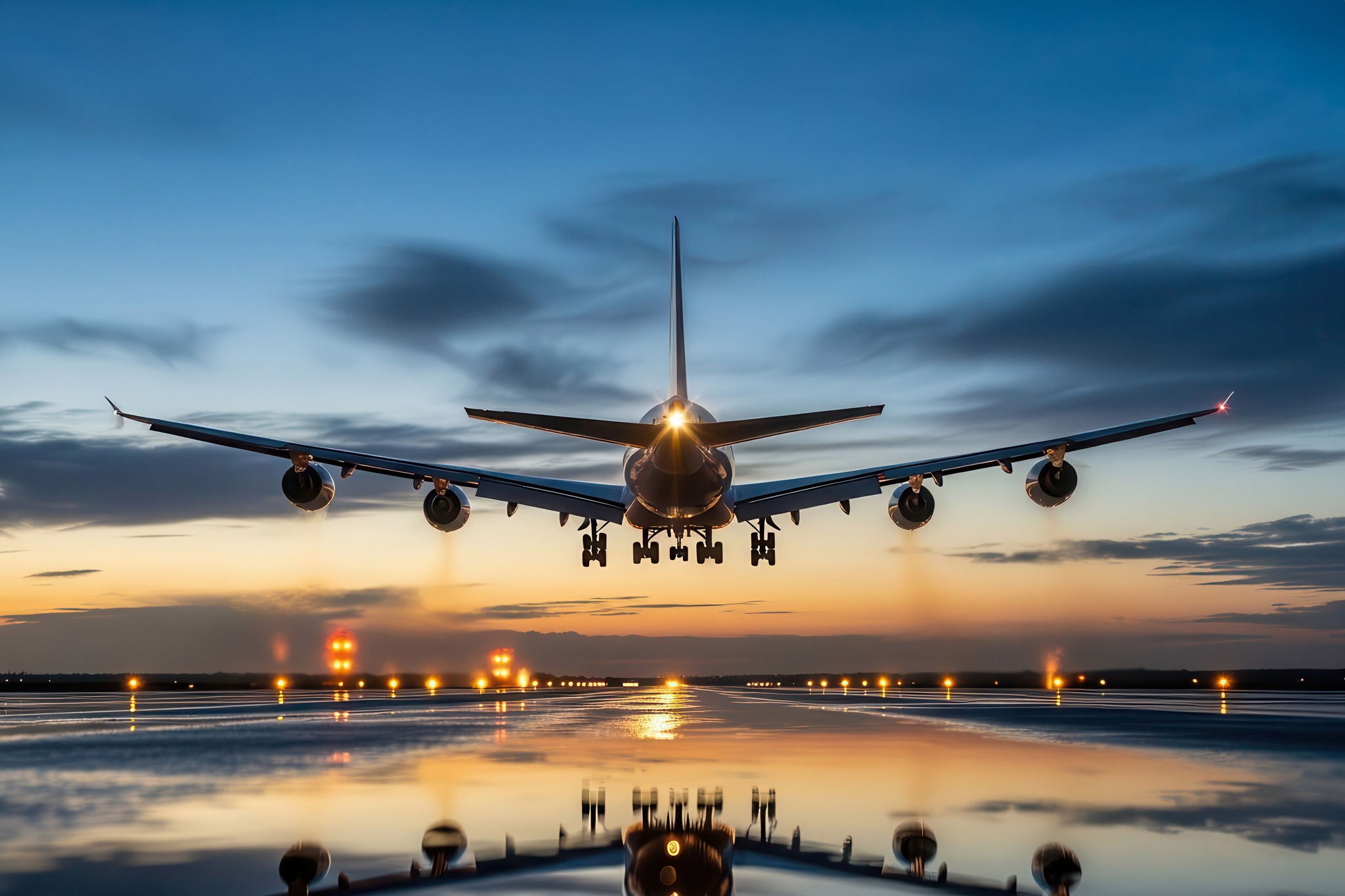 Widebody passenger airplane landing at dusk with runway lights