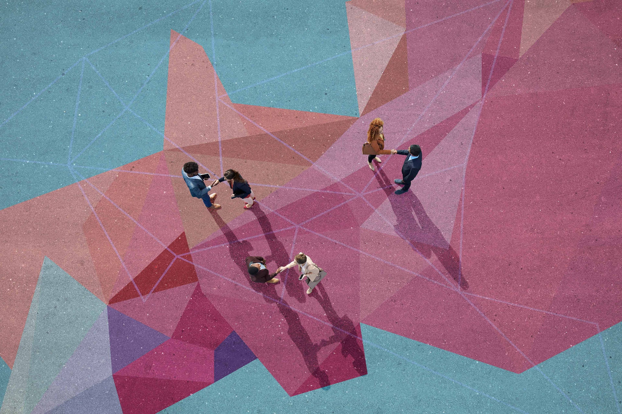 Group of young adults, photographed from above, on various painted tarmac surface, at sunrise.
