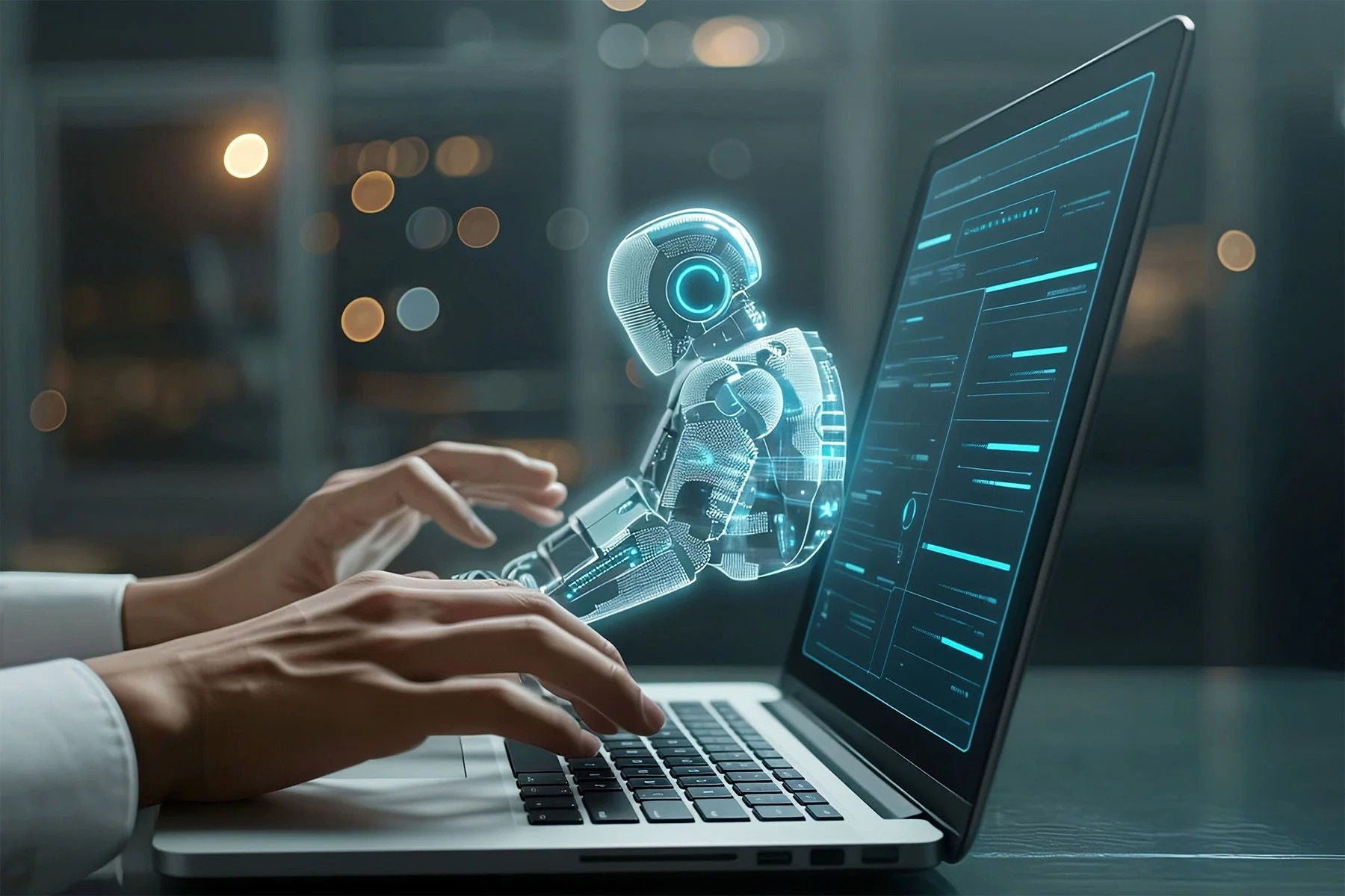 Man using laptop with visualization of ai chatbox