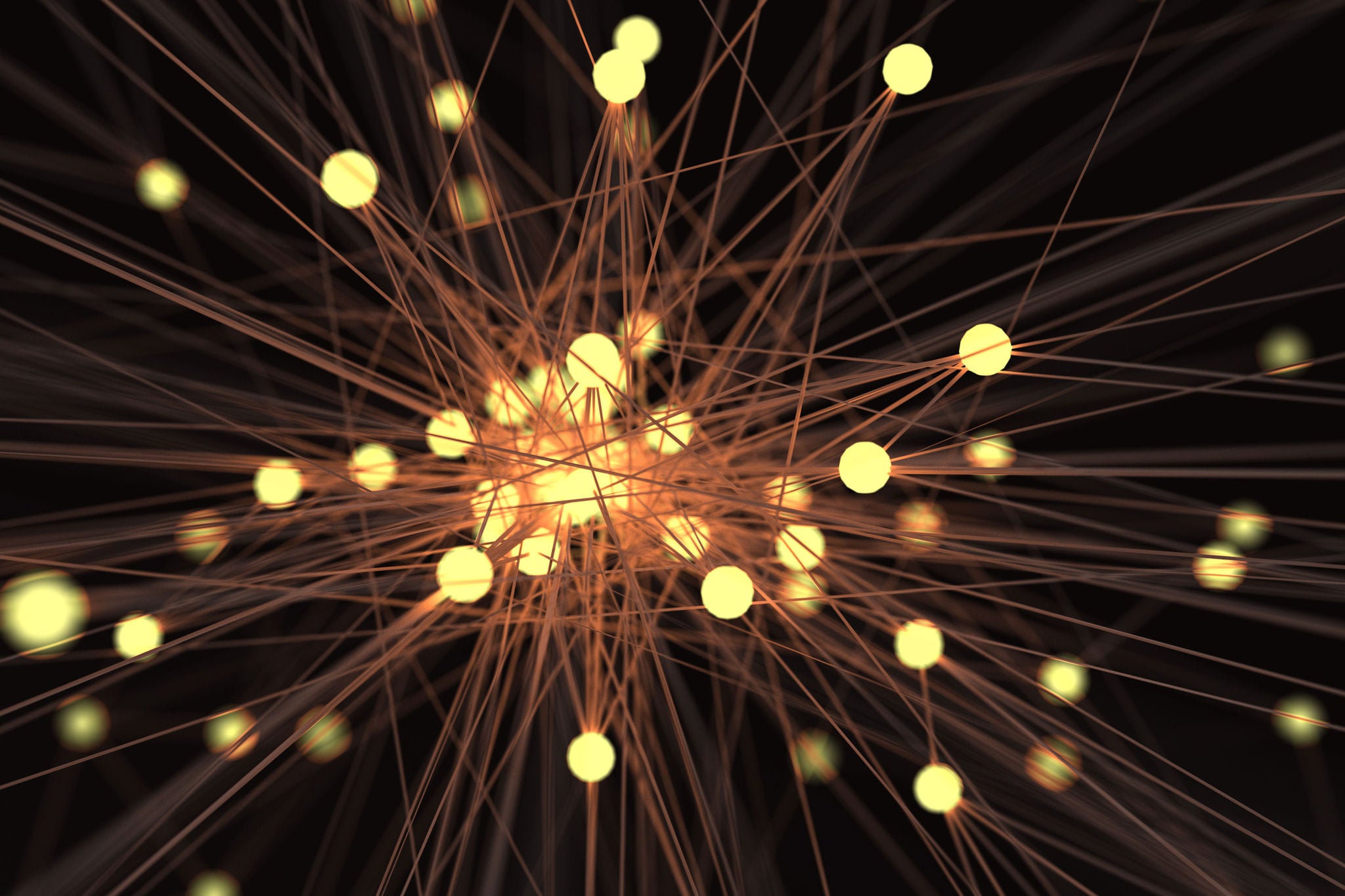 Abstract glowing nodes linked by fine lines, resembling data flow or neural connections on a background