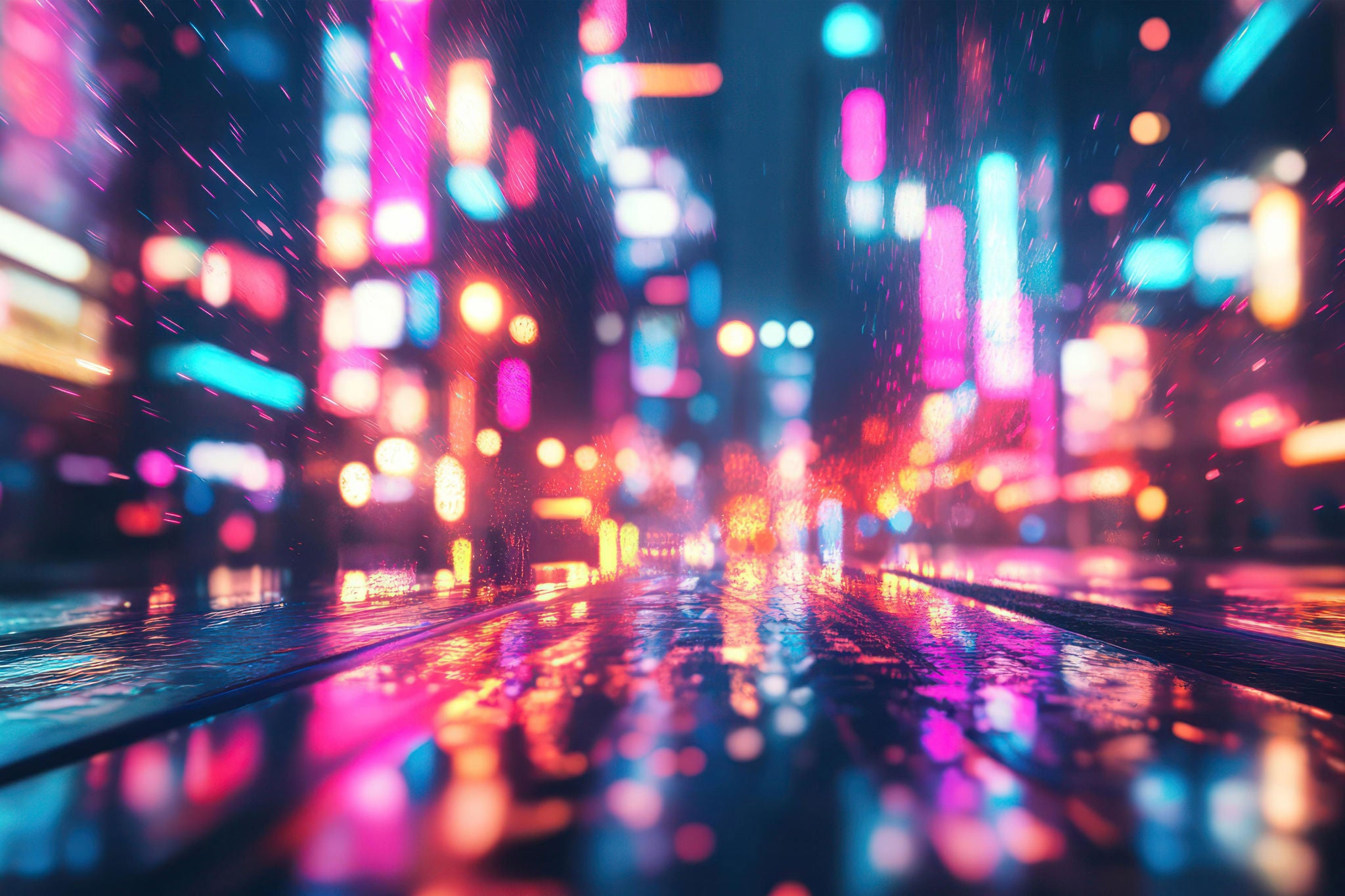 A city street with neon lights and rain