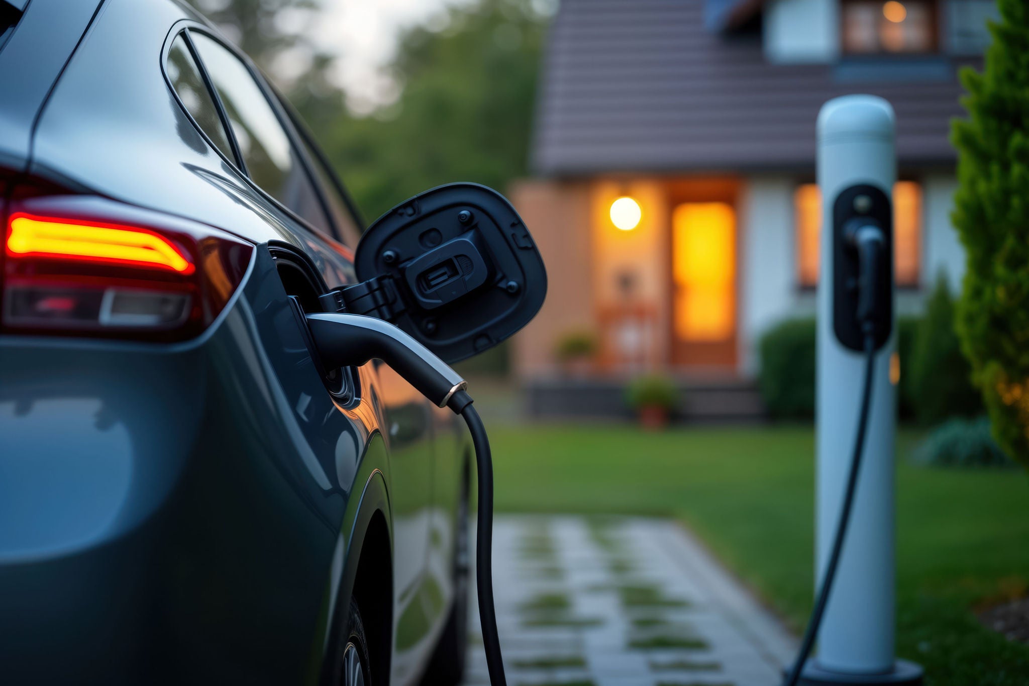 Electric car charging at home charging station. Eco-friendly vehicle recharges battery outdoors. Modern technology for sustainable transportation. Evening scene at, residential area. Green energy