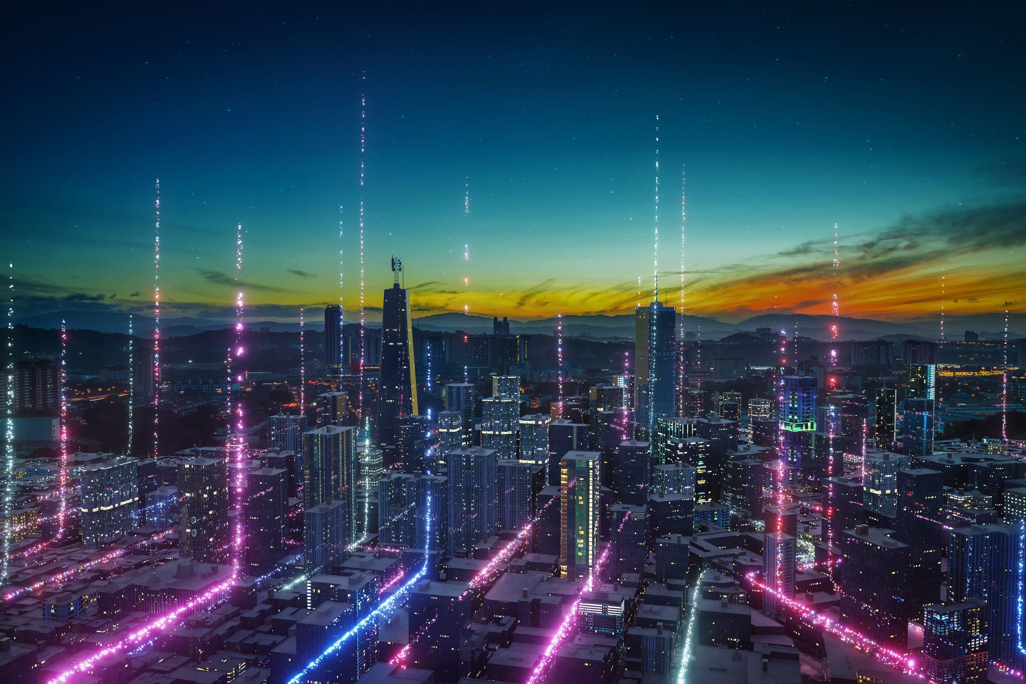 Smart city with particle glowing light connection design