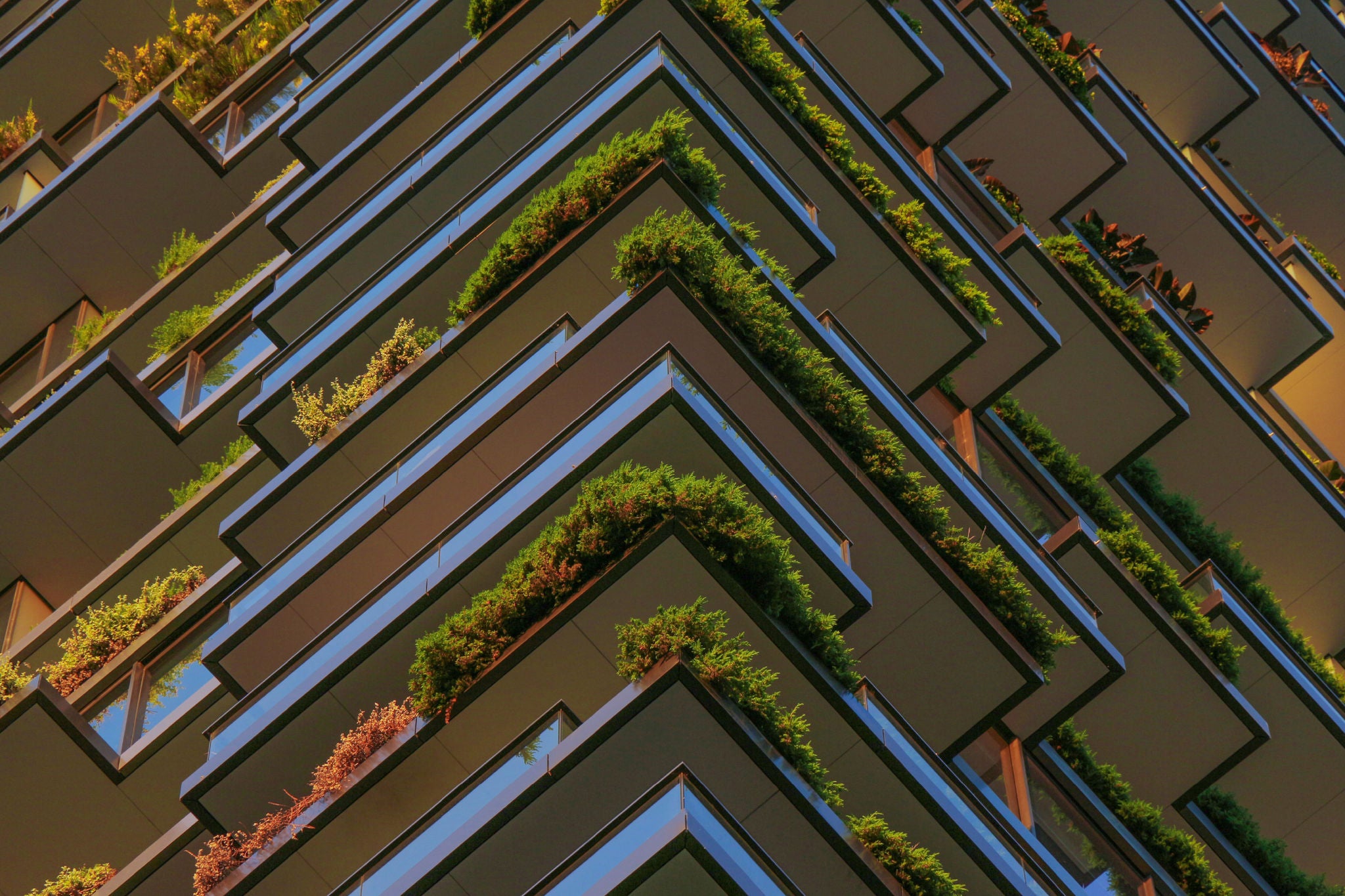 Zigzag balconies with greenery on a modern building.
