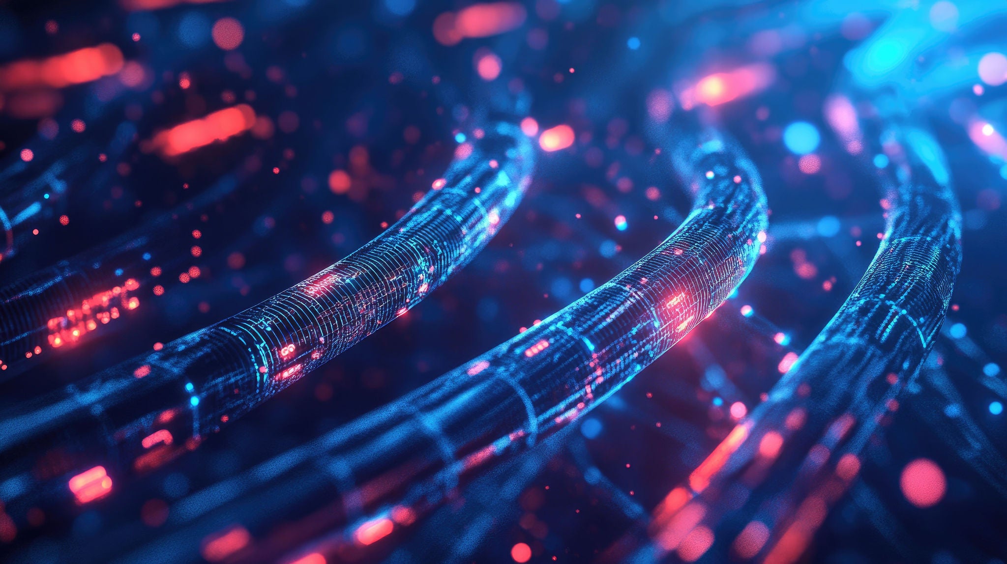High-speed data flows through a futuristic fiber-optic network, symbolizing digital connectivity and AI.