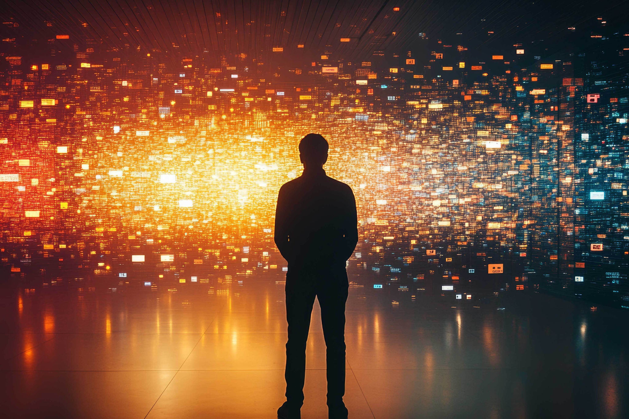 A silhouette of an individual standing in front of a large digital wall