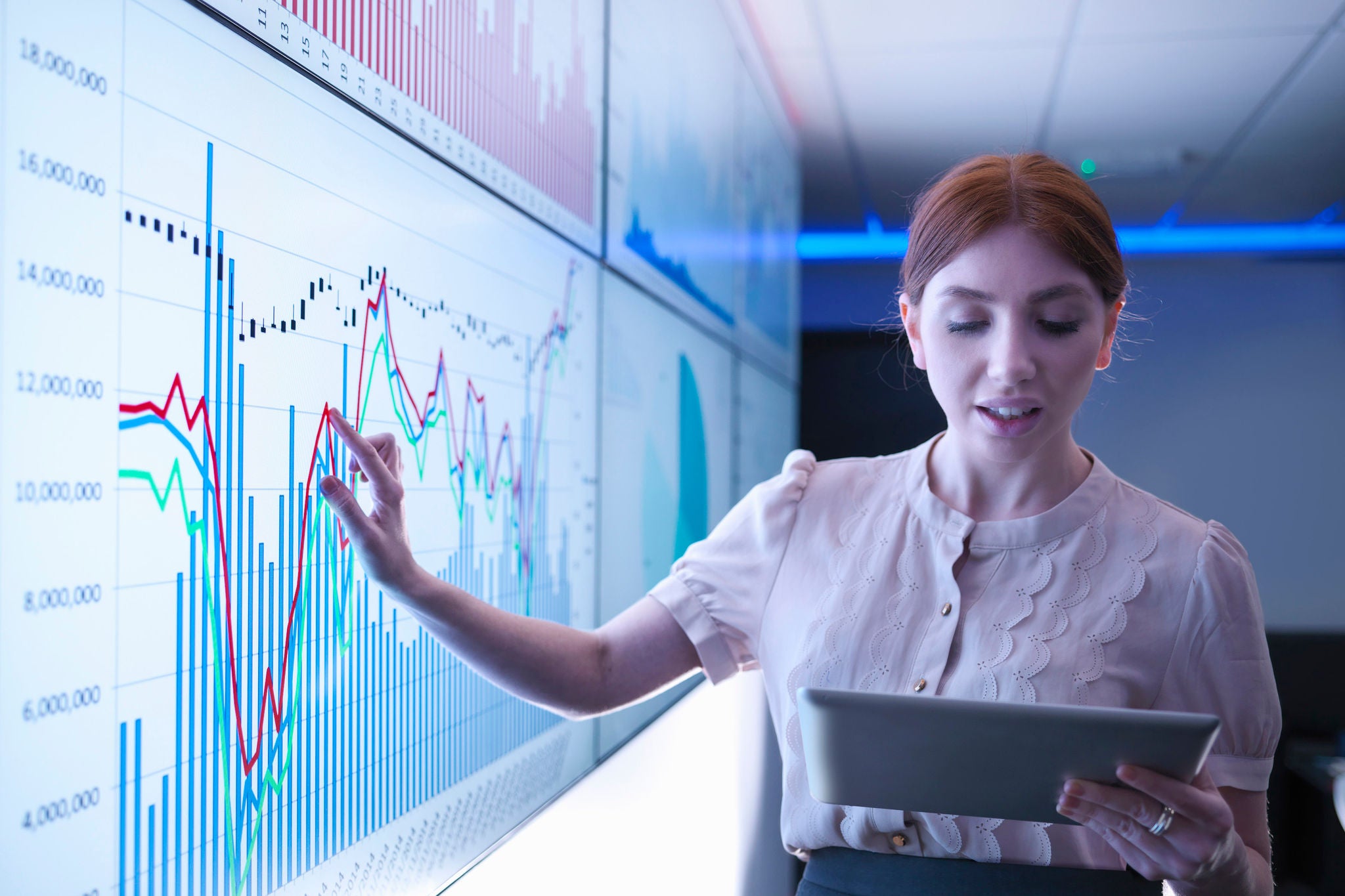 Businesswoman studying graphs on screens with digital tablet