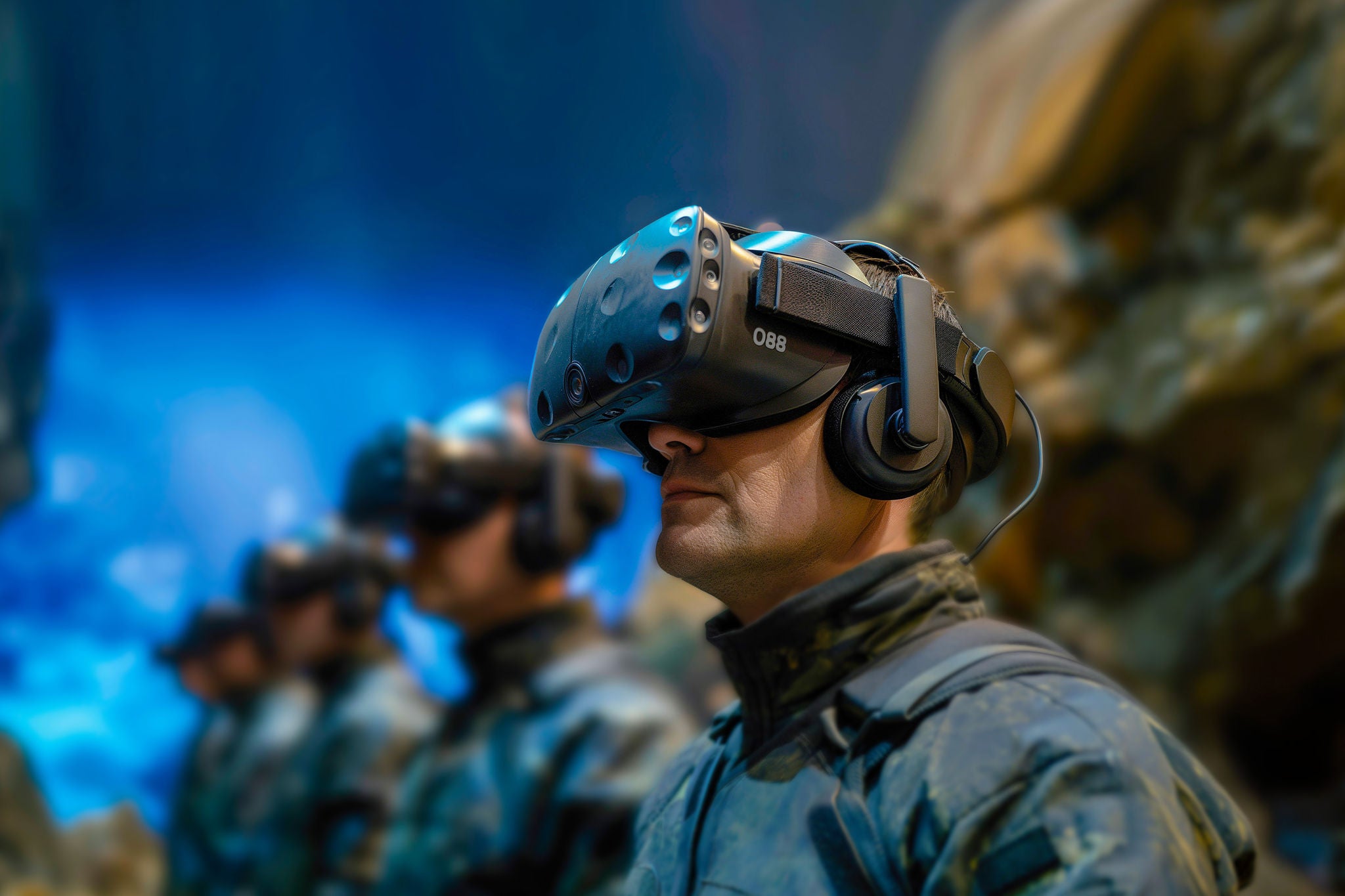 Militärpersonal nutzt VR-Headsets für Trainingssimulationen in moderner Umgebung.