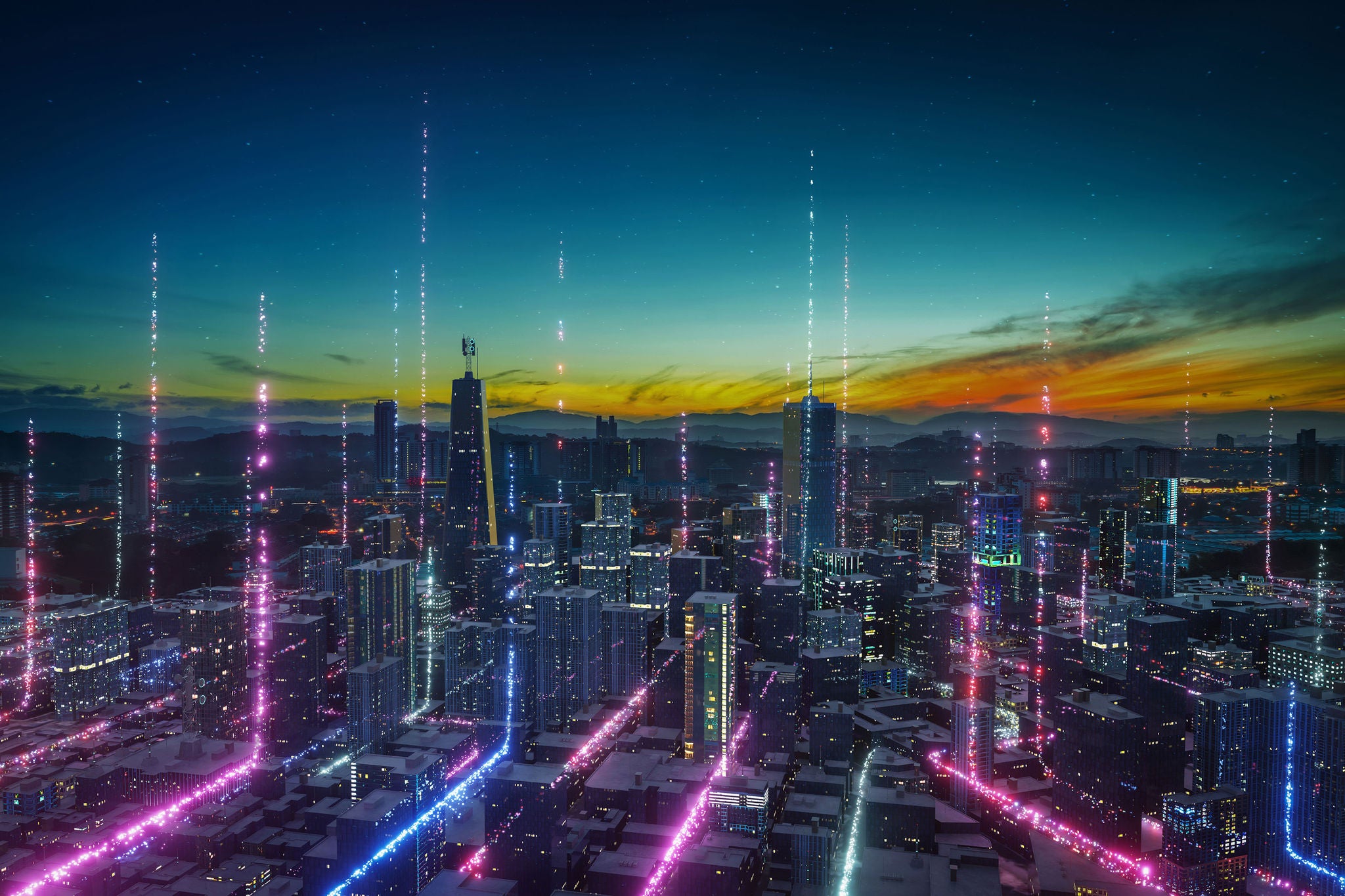 Smart city with particle glowing light connection design