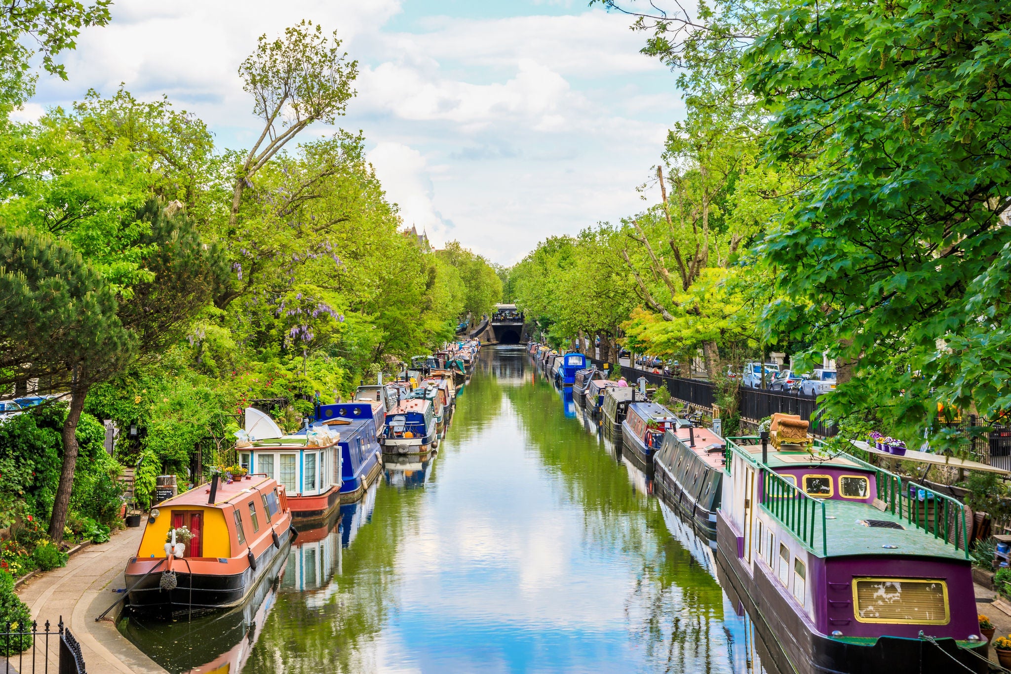 Boats lined along the Little Venice canal in London