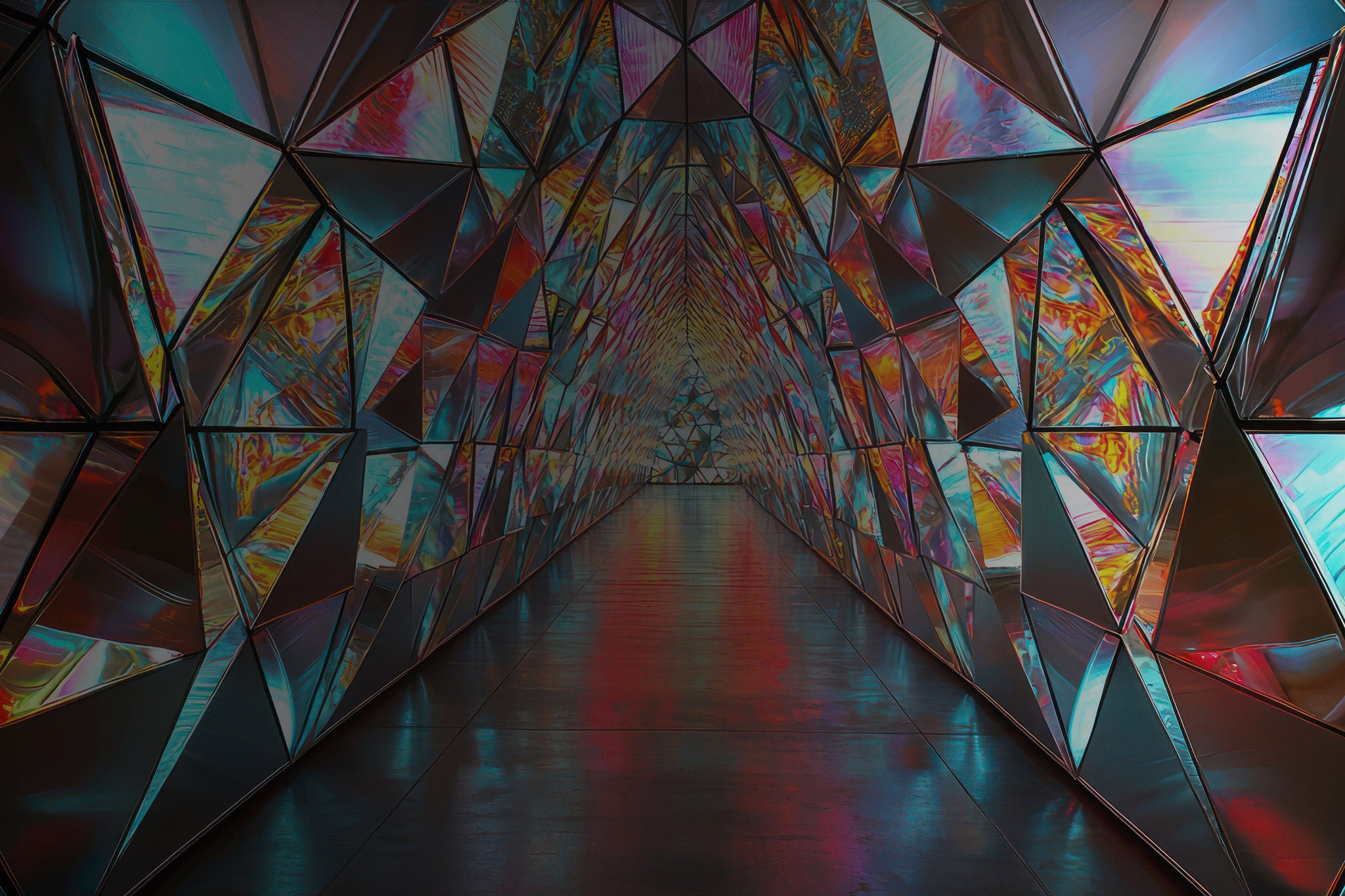 A giant, walk-through kaleidoscope installation made of triangular aluminum siding panels