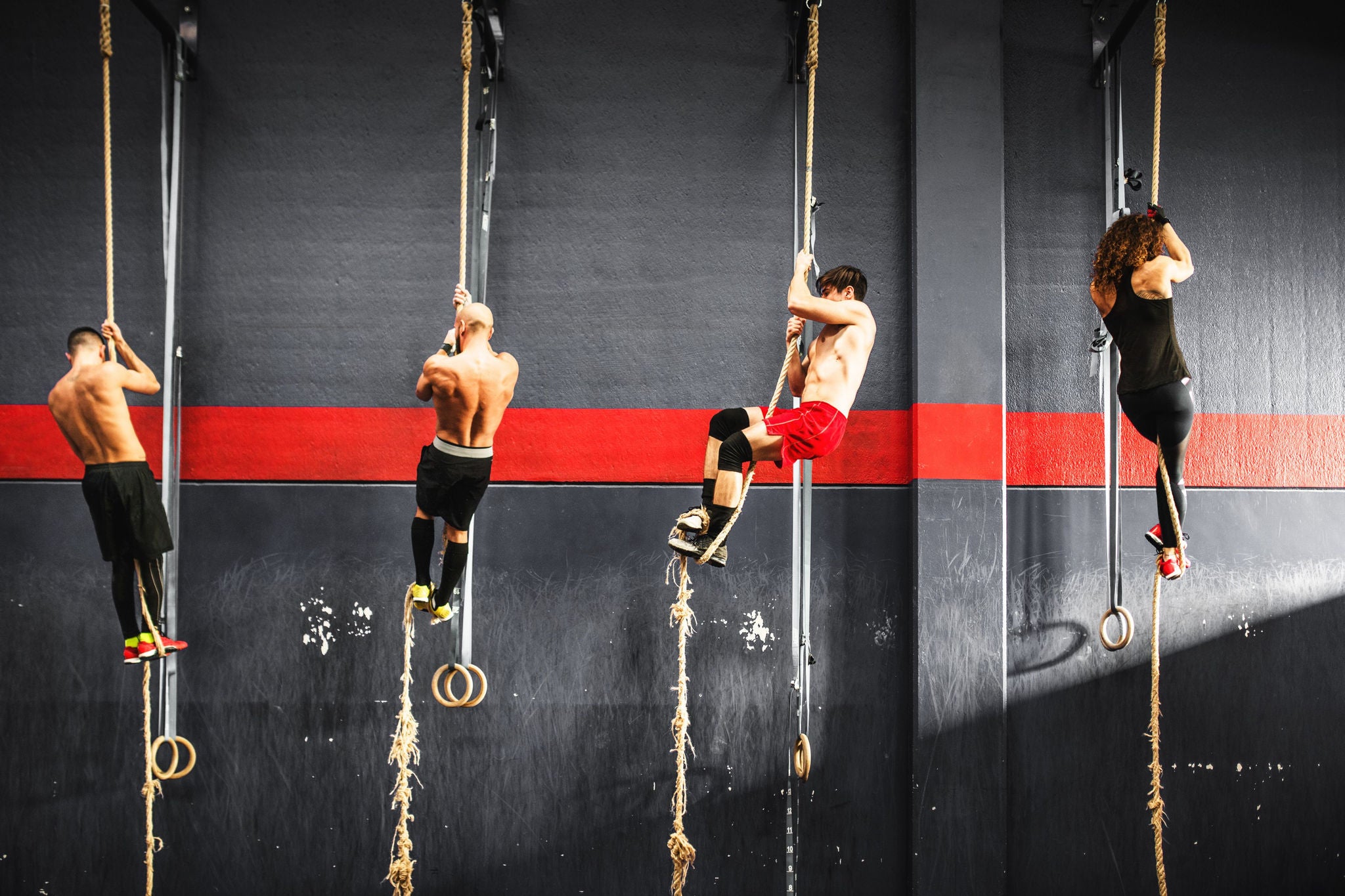 Group of athletes climbing the rope on a gym