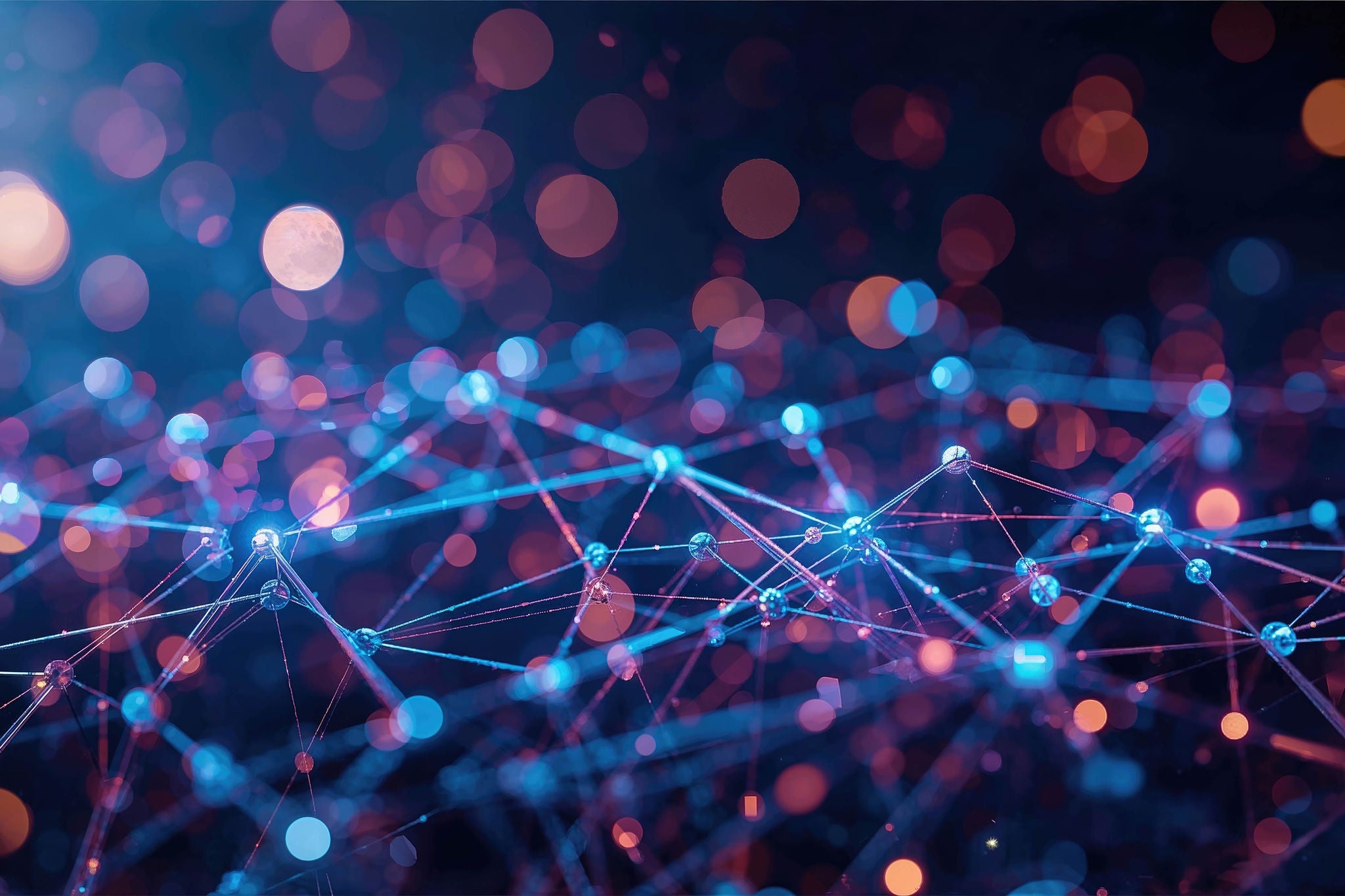 3D visualization of an abstract neural network with vibrant bokeh background