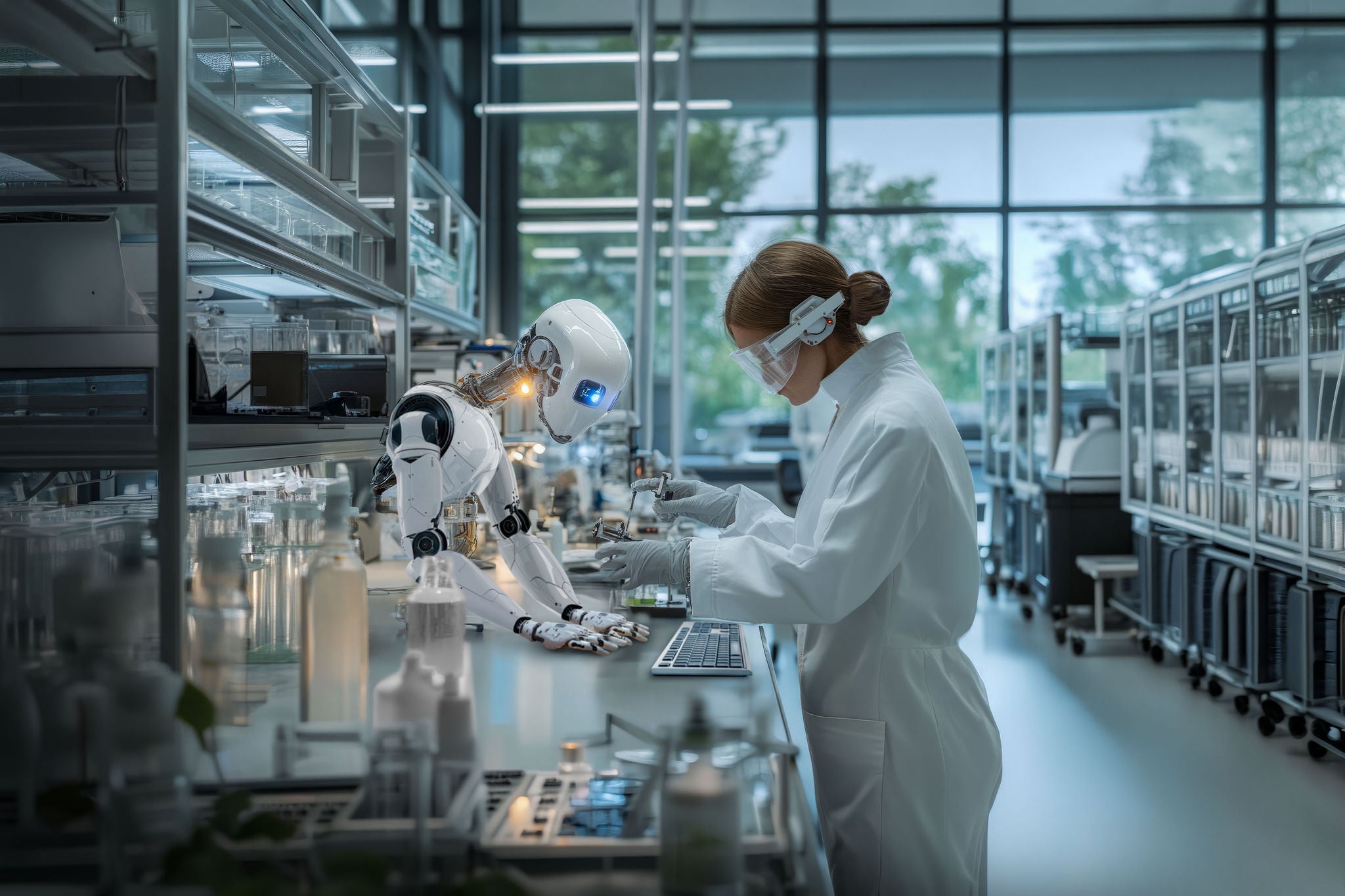 Android robots and human researchers work together in a modern scientific laboratory