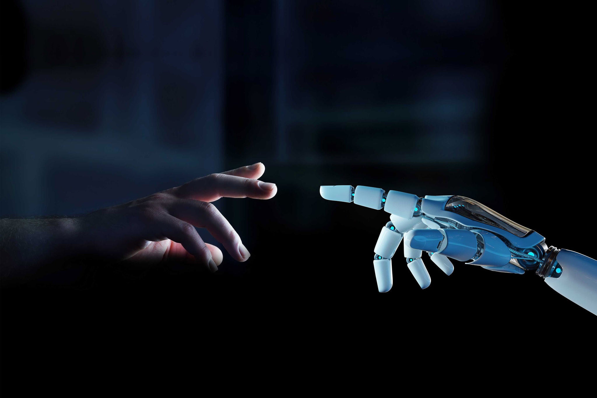 White cyborg finger about to touch human finger on dark background 3D rendering