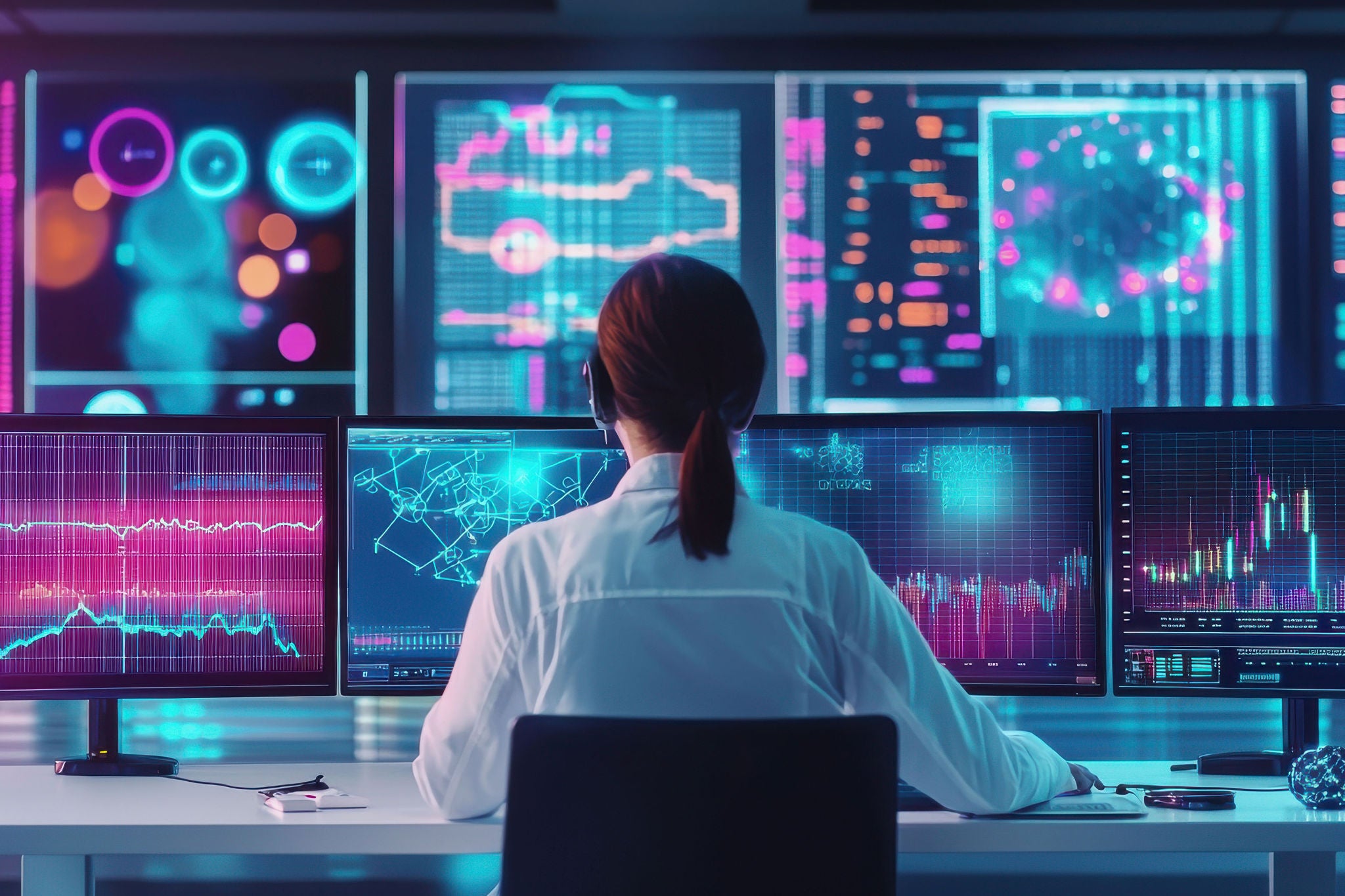 Data scientist analyzing complex datasets with colorful charts and AI models in a high‑tech office.