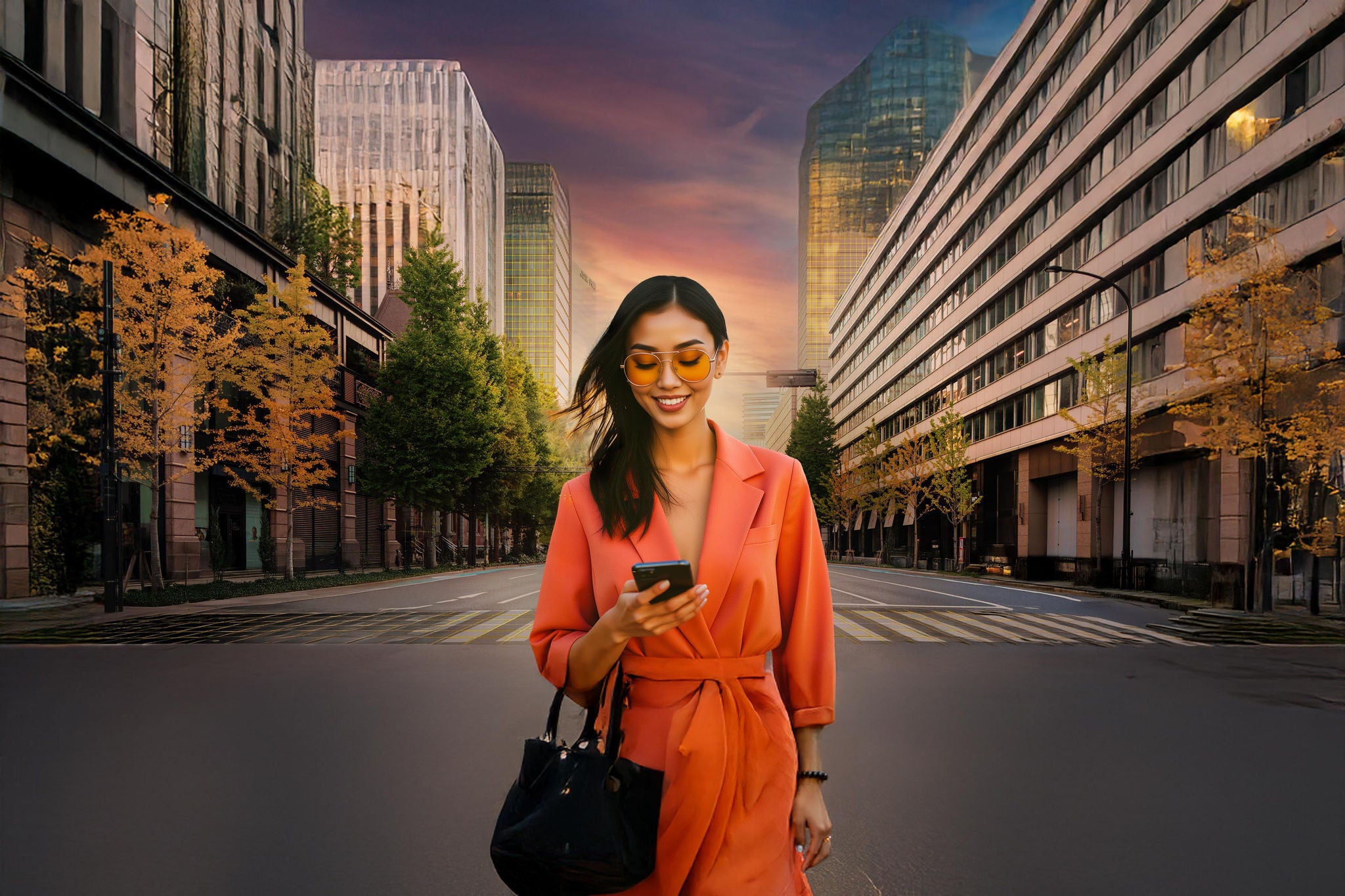 business woman with glasses holding phone walking in the middle of the street, cityscape in the background
