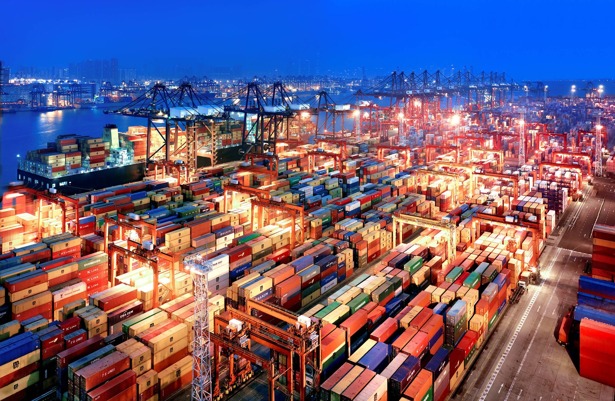 Aerial view of a shipment dock with containers
