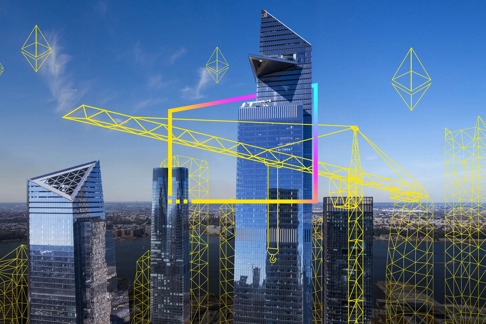 This high angle view looks west from an office building in Midtown Manhattan toward Hudson Yards with the Hudson River and New Jersey in the background. Seen here are 10, 15, 30, and 55 Hudson Yards. Also seen are the retail space and Vessel, the centerpiece of the Public Square and Gardens. Hudson Yards is a mix of commercial, residential and retail space.
