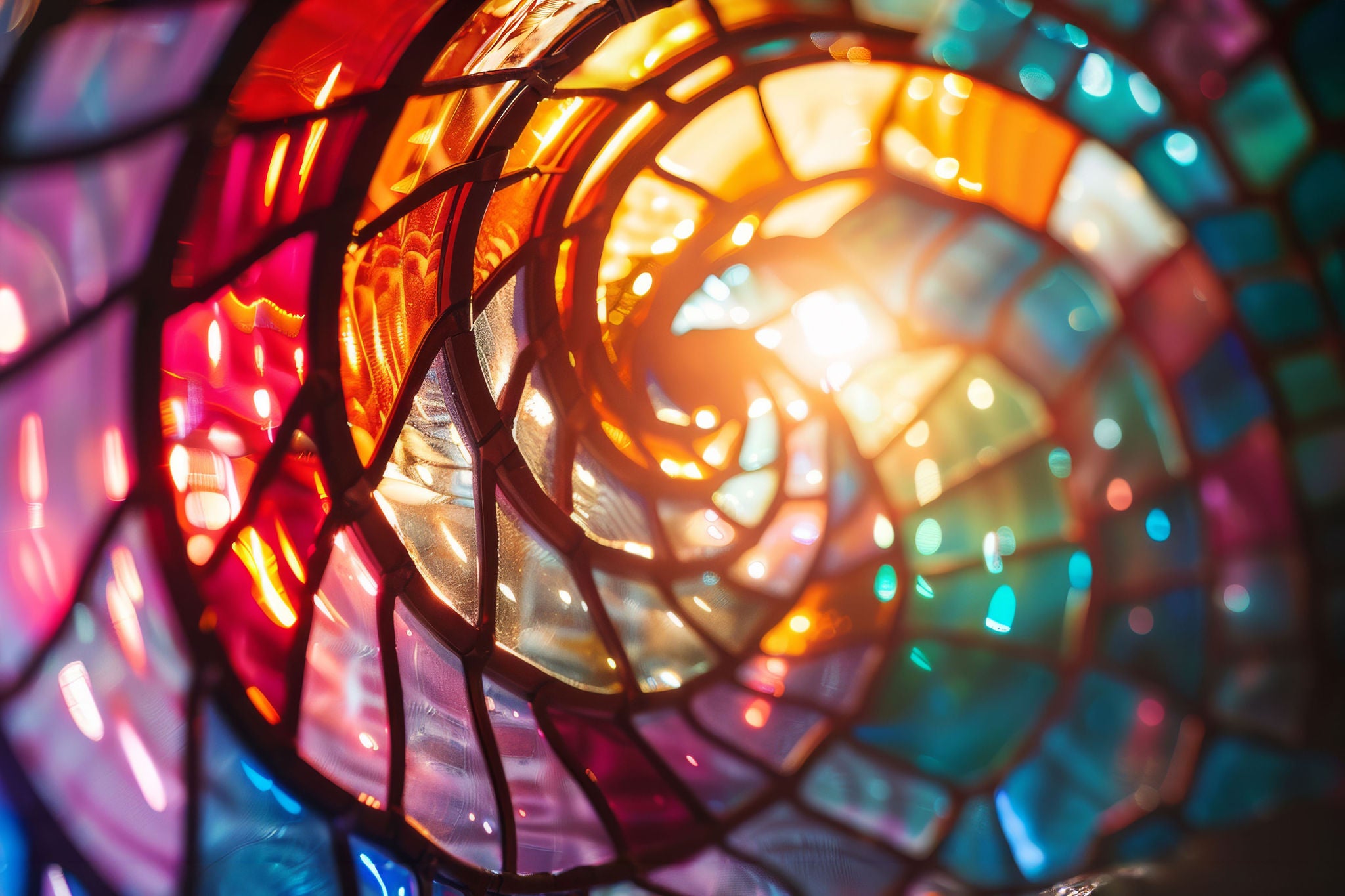 Vibrant stained glass spirals inward, blending colors and light into a mesmerizing tapestry that enchants the eye with its fluid beauty.