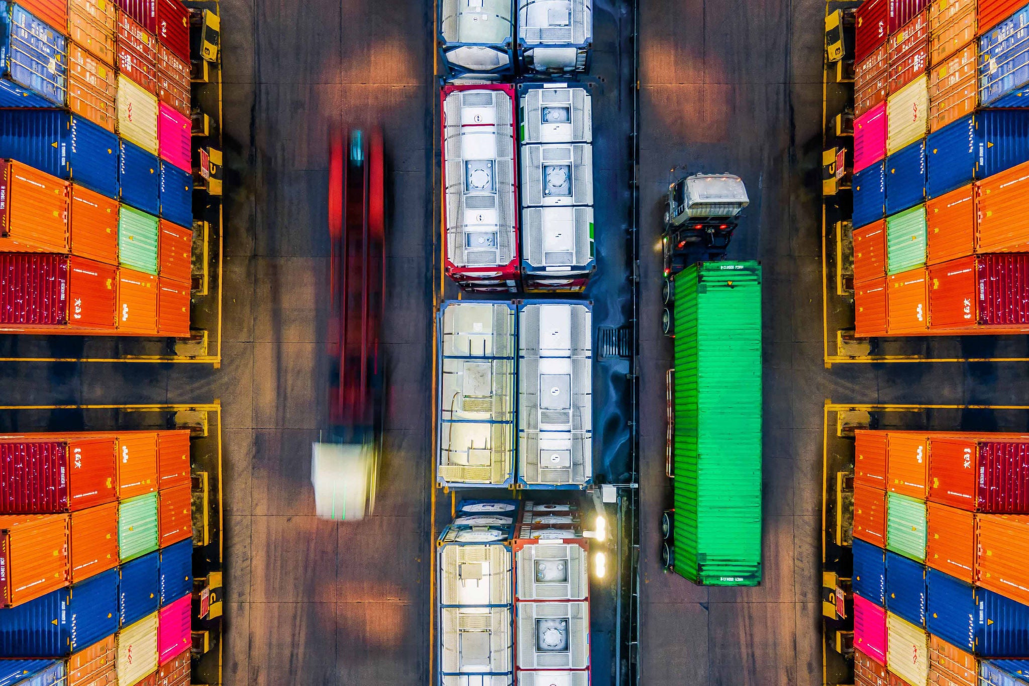 Aerial view/Containers arranged in a port warehouse to wait for transportation to the destination country