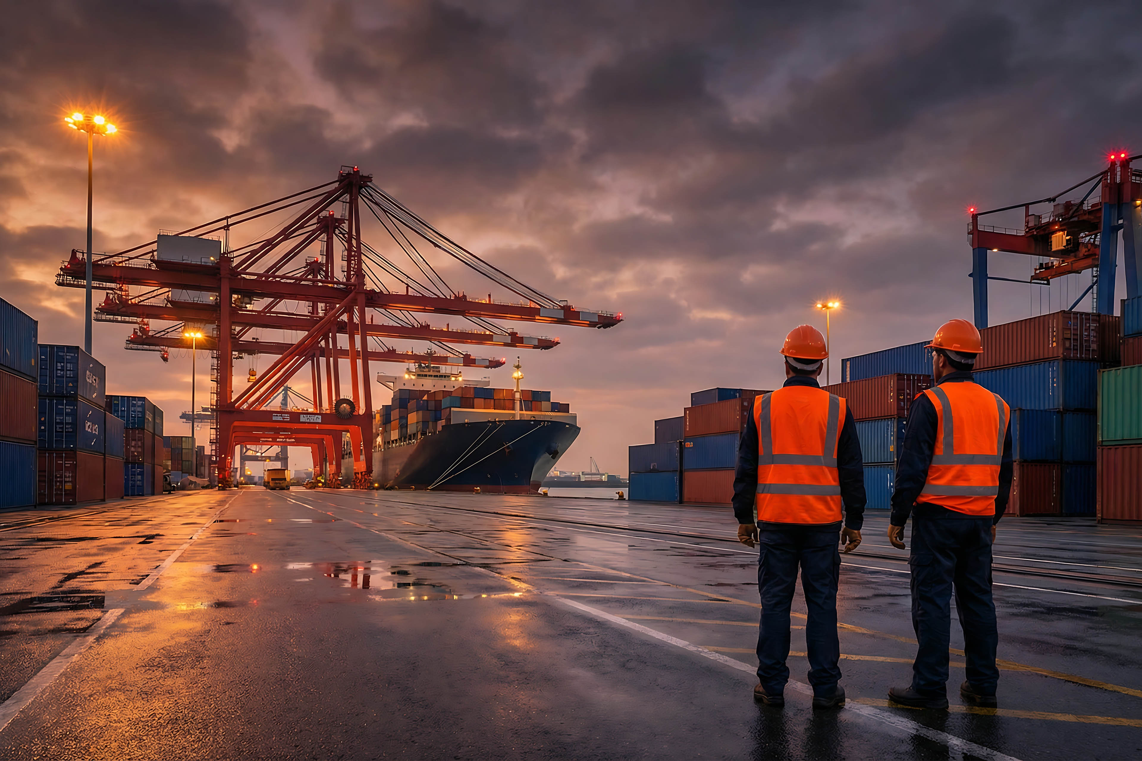Two workers in safety vests watch a large container ship loading with cranes at a busy industrial port at twilight.