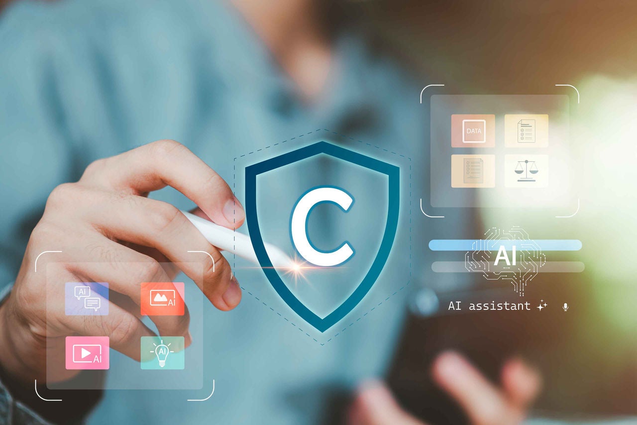 Digital copyright protection ,AI assistant integration futuristic interface icons ,Focus secure content creation, data governance, intellectual property, artificial intelligence connected smart system