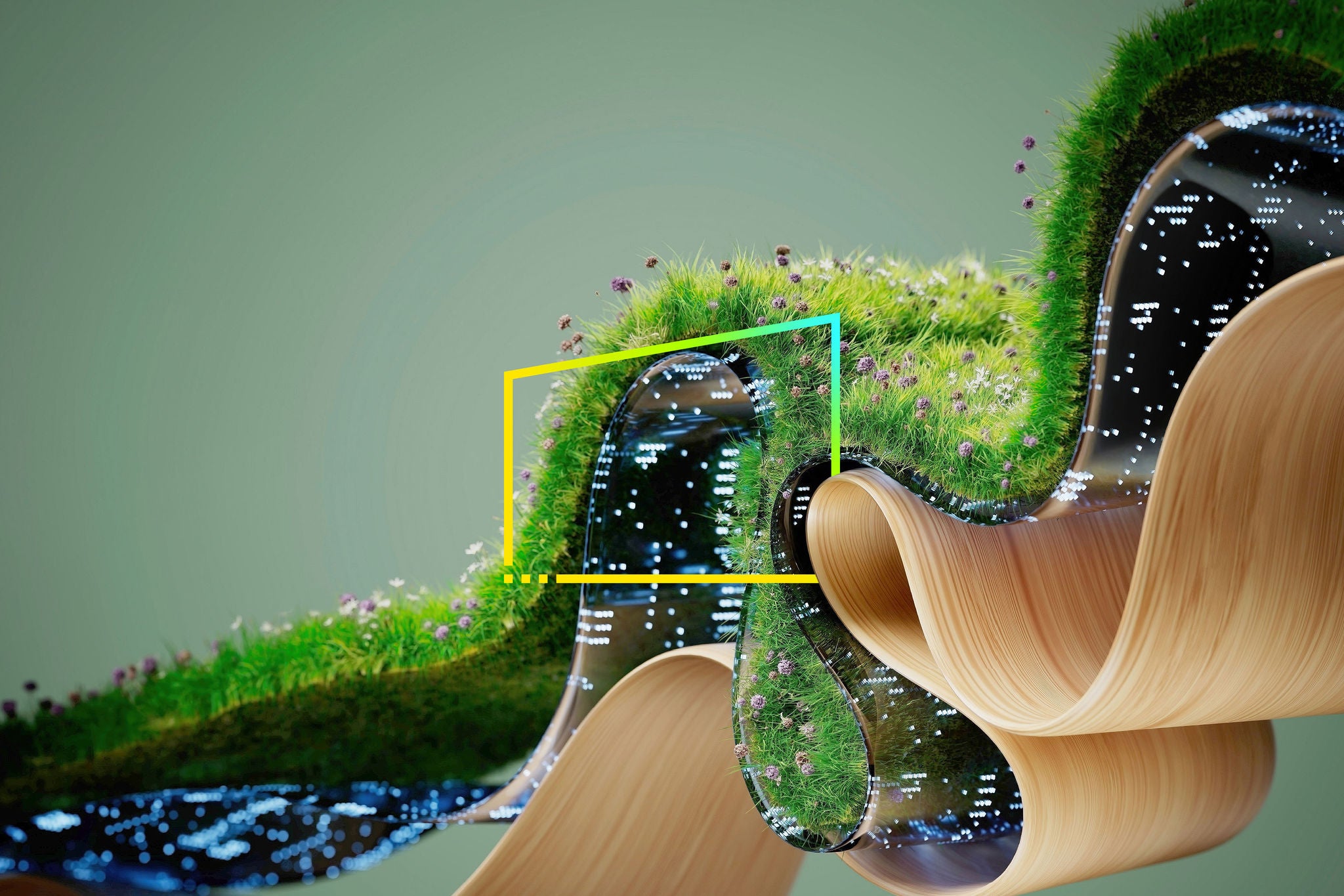 ribbons of folded wood grass and technology undulate together static central