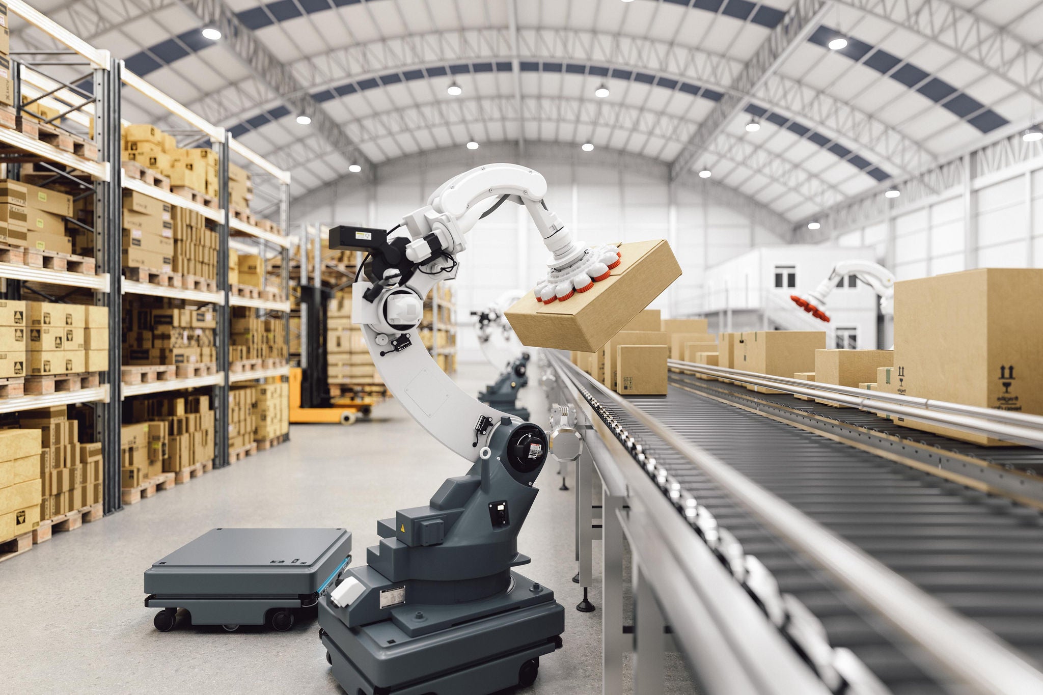 Automated robot carriers and robotic arm in smart distribution warehouse