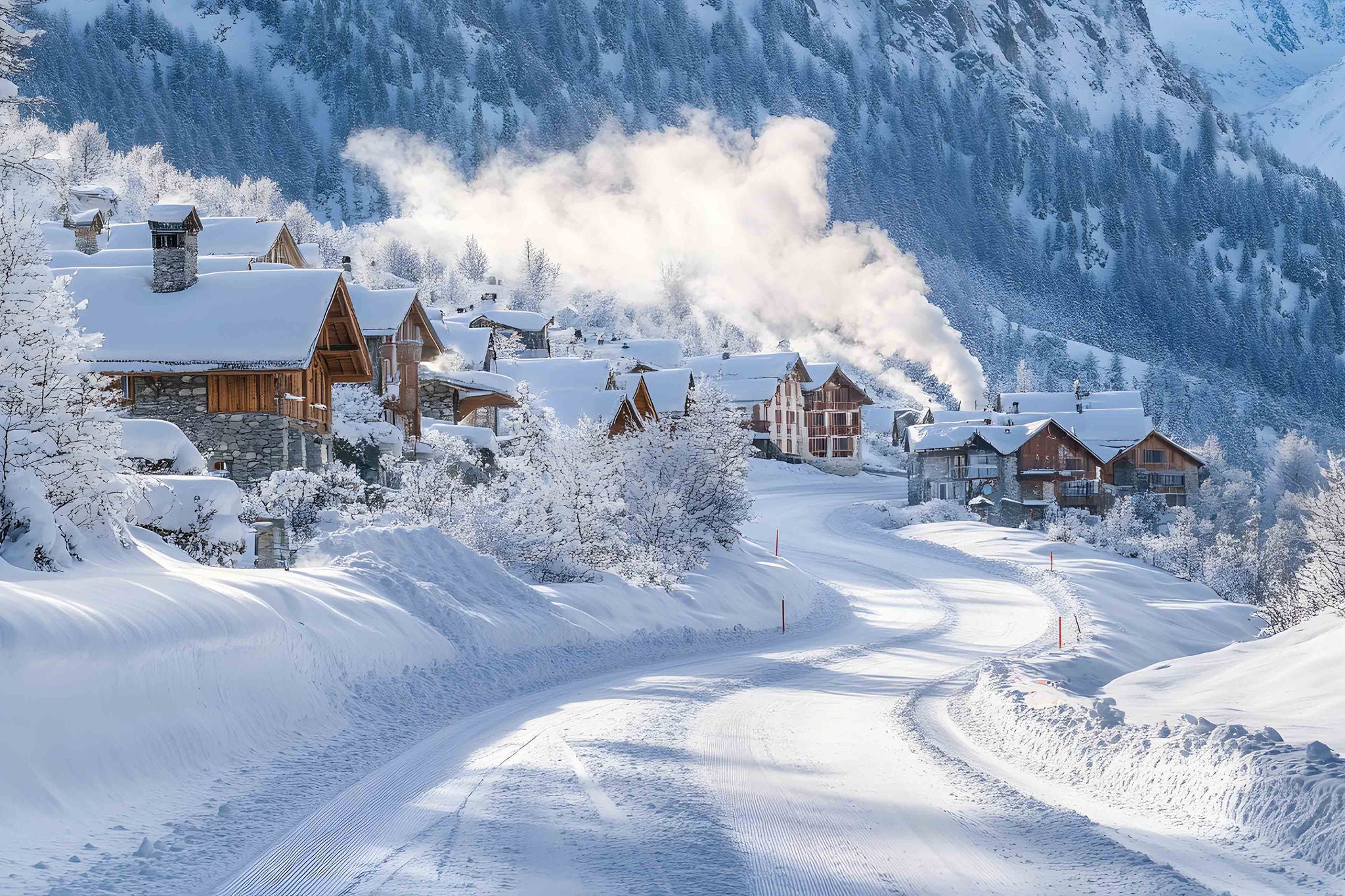 A snow-covered road winding through a mountain village with ski tracks visible on the roadside and smoke rising from chimneys.